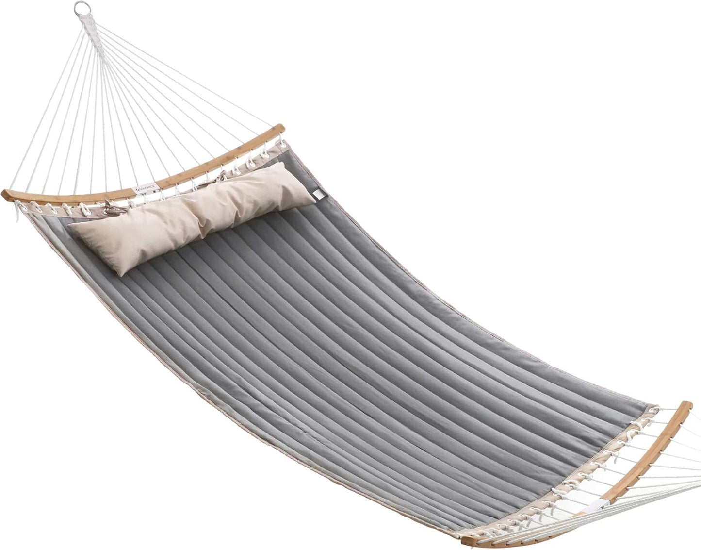 SONGMICS Hammock, Quilted Hammock with Curved Bamboo Spreaders, Pillow, 78.7 x 55.1 Inches, Portable Padded Hammock Holds up to 495 lb, Gray and Beige UGDC34CG