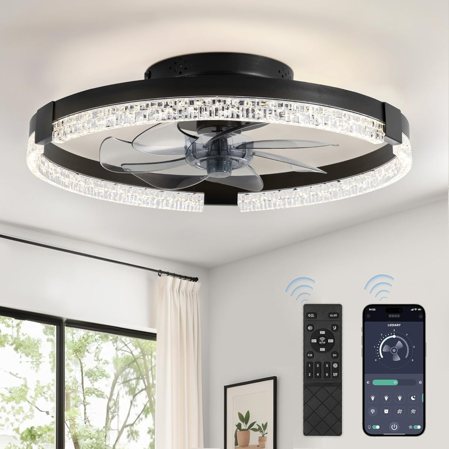 LEDIARY 20 Inch Low Profile Ceiling Fans with Lights and Remote, Fandelier Ceiling Fan Flush Mount, 3000K-6000K Dimmable LED Fan Light, White Modern Ceiling Fans with Lights for Bedroom