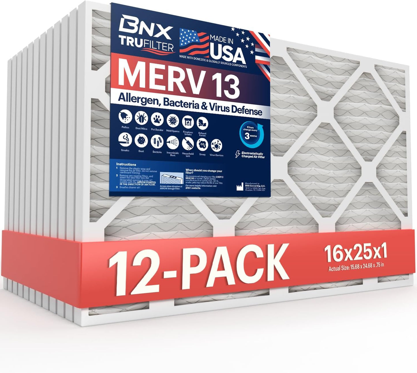 BNX TruFilter 20x20x1 MERV 13 (4-Pack) AC Furnace Air Filter - MADE IN USA - Electrostatic Pleated Air Conditioner HVAC AC Furnace Filters - Removes Pollen, Mold, Bacteria, Smoke
