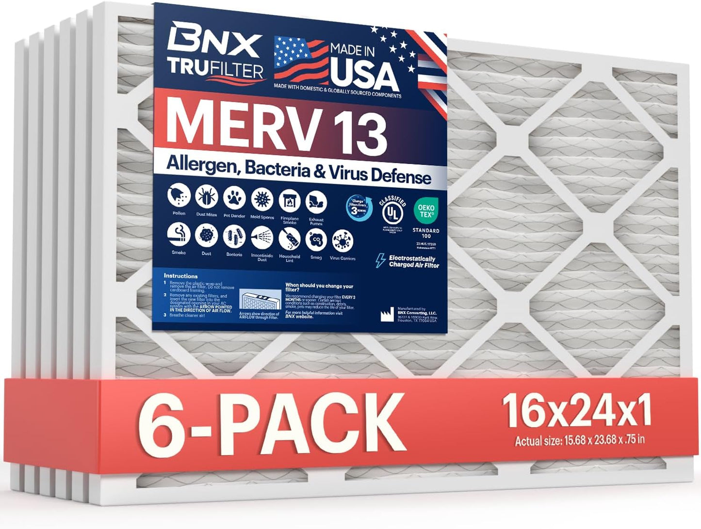 BNX TruFilter 20x20x1 MERV 13 (4-Pack) AC Furnace Air Filter - MADE IN USA - Electrostatic Pleated Air Conditioner HVAC AC Furnace Filters - Removes Pollen, Mold, Bacteria, Smoke