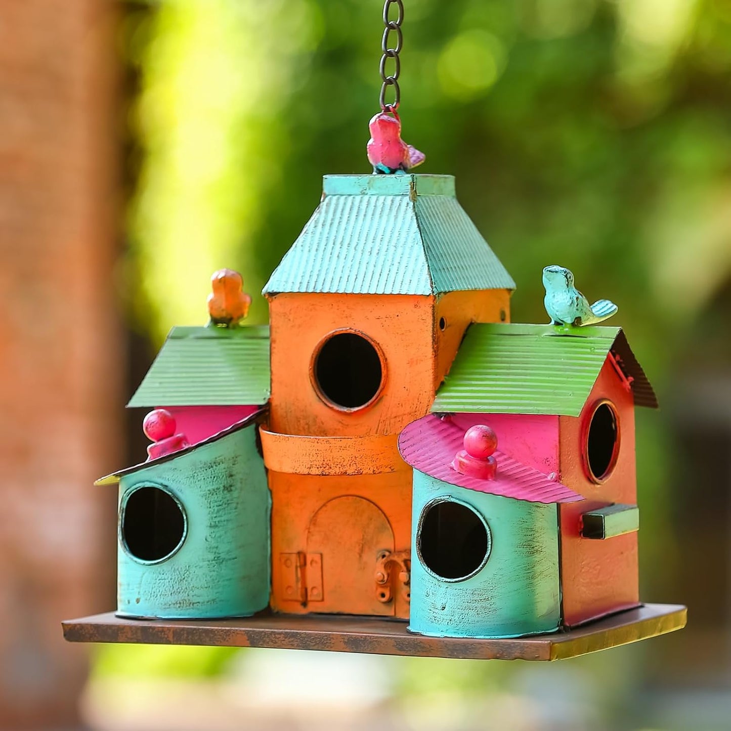 Large Bird Houses for Outside Hanging, 4 Hole Outdoor Bird House with Bell, Easy Clear, Colorful Metal Bird Houses for Outside.