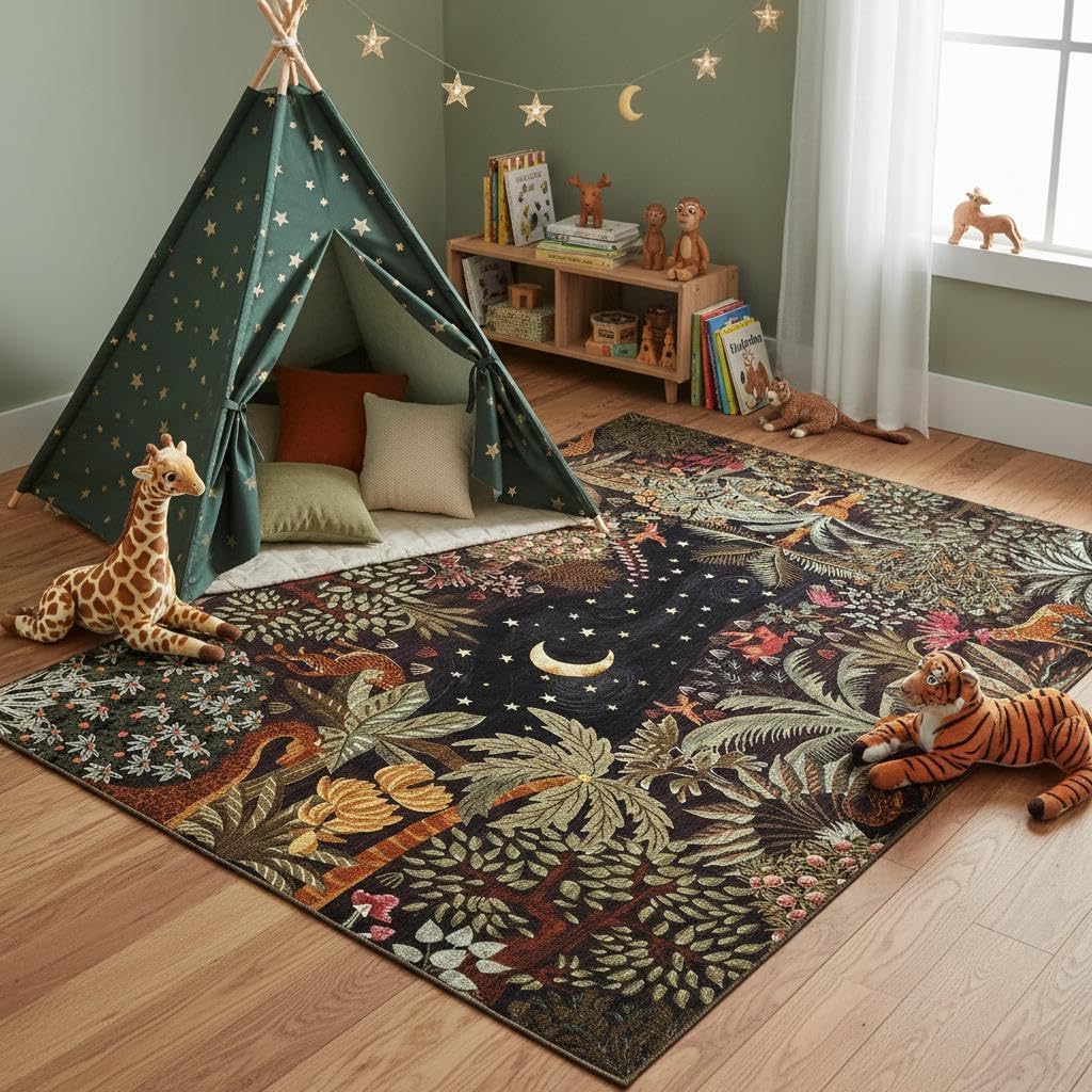 GarveeHome 4x6 Washable Area Rug for Kids Room, Jungle Animal Soft Bedroom Rug Non Slip Low Pile Small Carpet Stain Resistant Throw Rug for Bedside Playroom Classroom Office Dining Room