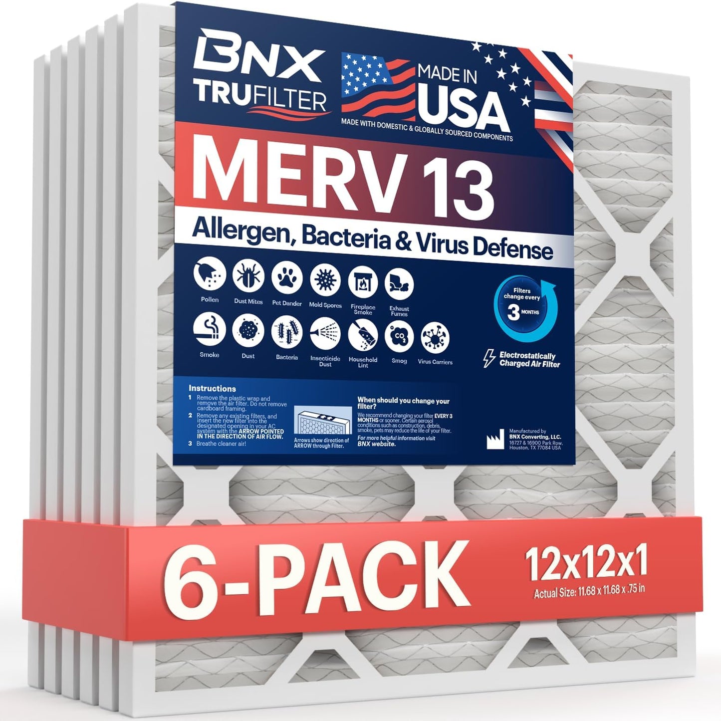 BNX TruFilter 20x20x1 MERV 13 (4-Pack) AC Furnace Air Filter - MADE IN USA - Electrostatic Pleated Air Conditioner HVAC AC Furnace Filters - Removes Pollen, Mold, Bacteria, Smoke