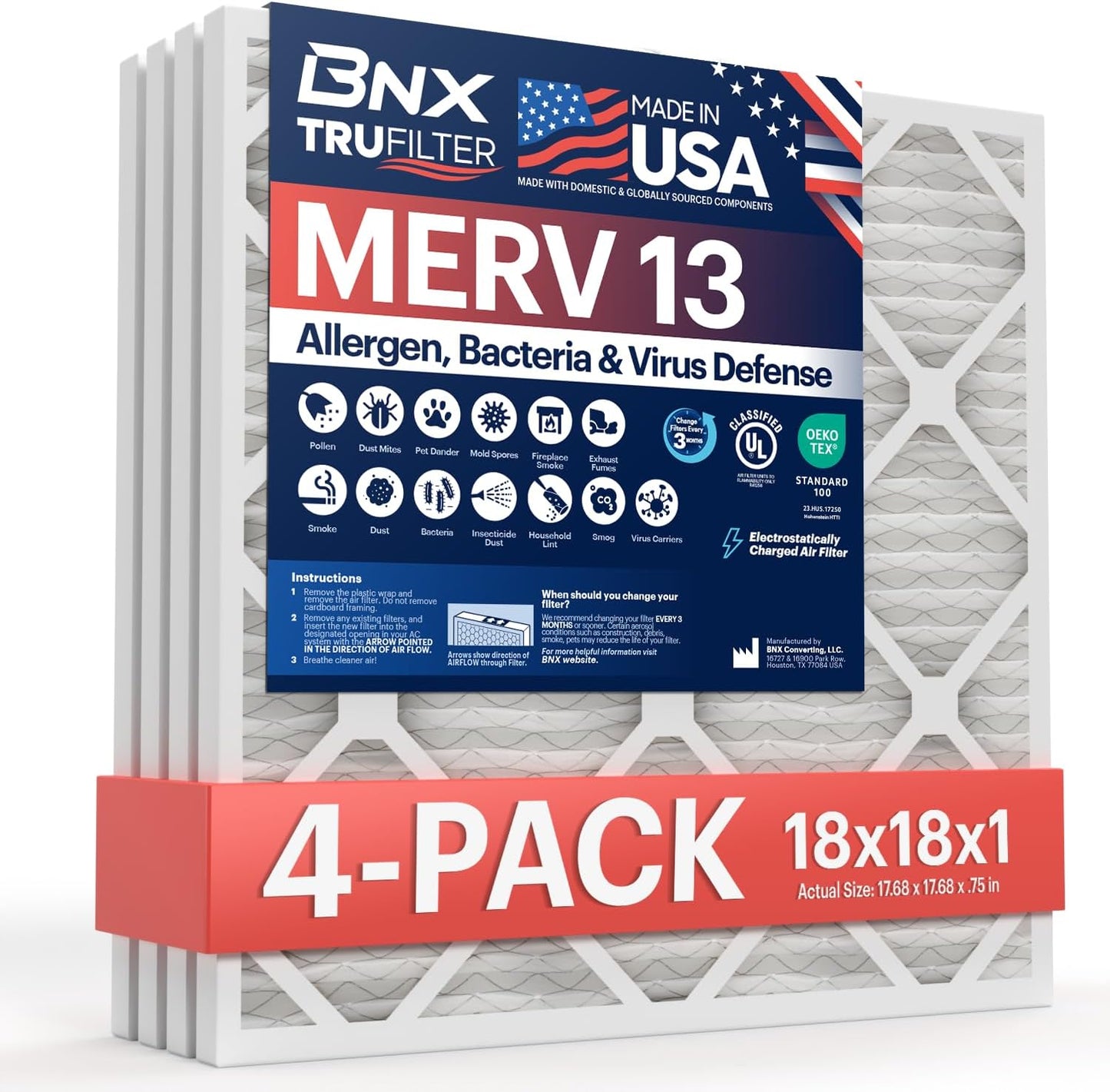 BNX TruFilter 20x20x1 MERV 13 (4-Pack) AC Furnace Air Filter - MADE IN USA - Electrostatic Pleated Air Conditioner HVAC AC Furnace Filters - Removes Pollen, Mold, Bacteria, Smoke