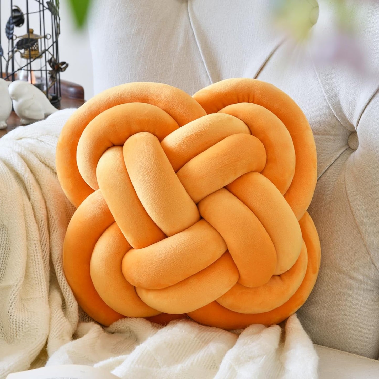 Xuyier Knot Pillow Ball, Decorative Throw Pillows with Velvet Fabric for Couch Bed, 12" Decor Knotted Square Floor Pillow Cushions for Living Room (12 Inches, Beige)