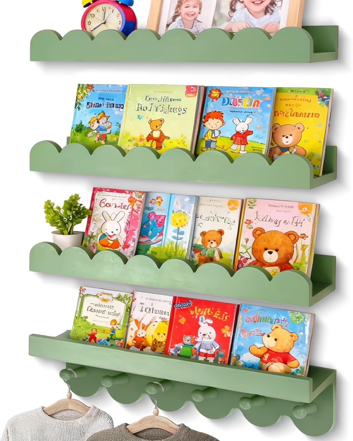OurWarm Nursery Book Shelves for Wall Set of 3, White Natural Wood Nursery Floating Shelves with Towel Bar, Wall Mounted Floating Bookshelves for Baby Room Kids Room Living Room Storage and Decor