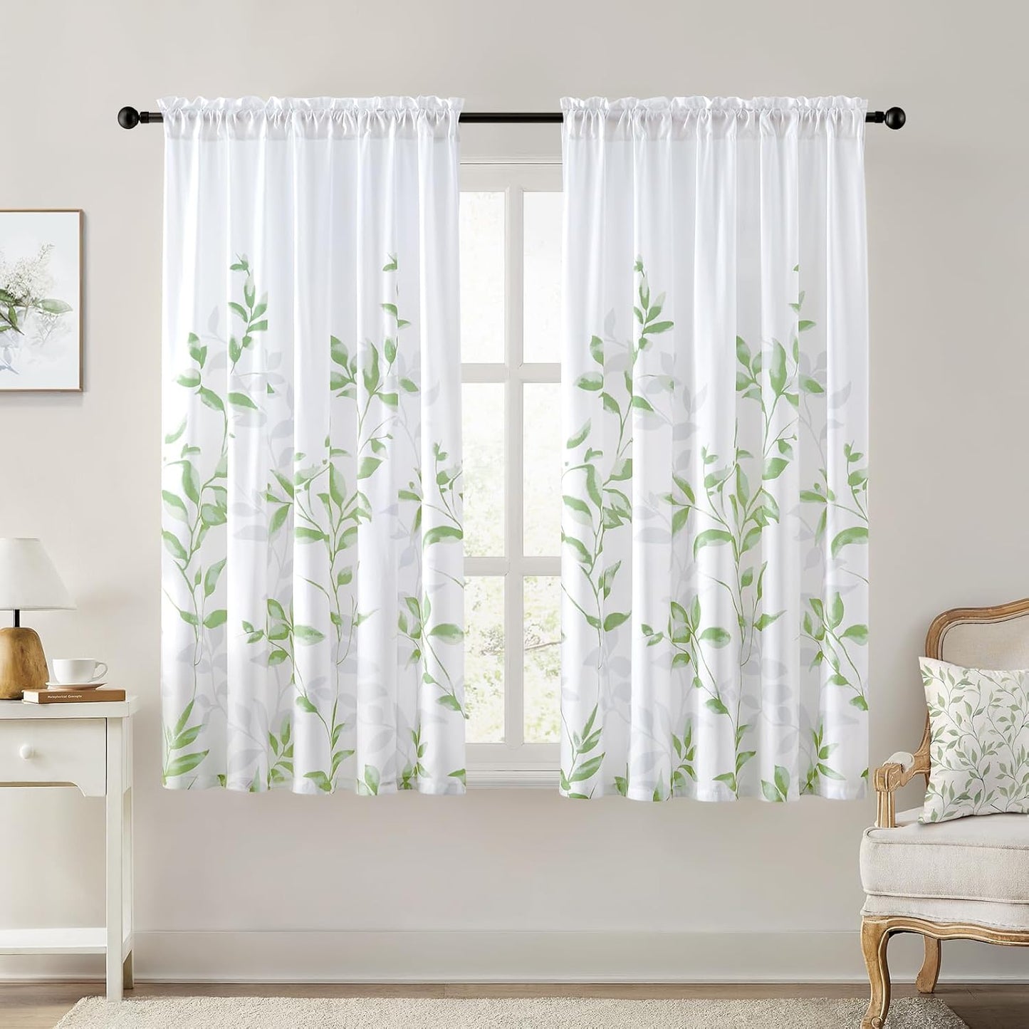 HOMEIDEAS Non-See-Through Pink and White Privacy Sheer Curtains 52 X 63 Inch Length 2 Panels, Leaf Floral Printed Light Filtering Semi Sheer Window Curtains Drapes for Bedroom Living Room