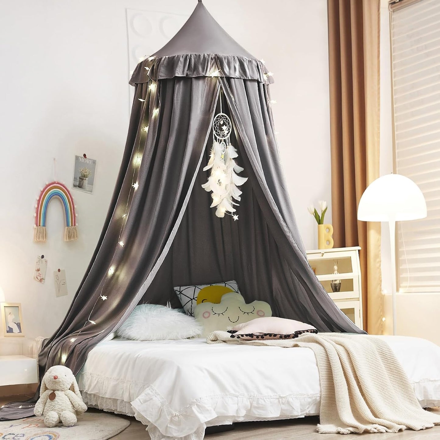 Kertnic Decor Canopy for Kids Bed, Soft Smooth Playing Tent Canopy Girls Room Decoration Princess Castle, Dreamy Mosquito Net Bedding, Children Reading Nook Canopies in Home (Pink-Ruffle)