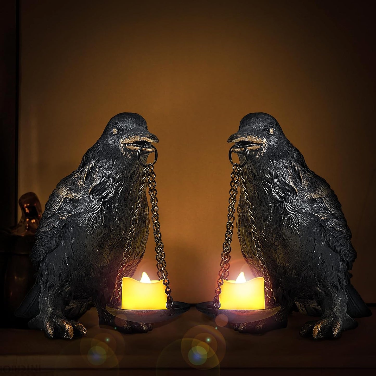 Gothic Crow Lamp with Tealight Candle Holder Resin Raven Decor Statue Gothic Home Decor for Bedroom Unique Goth Gifts Black