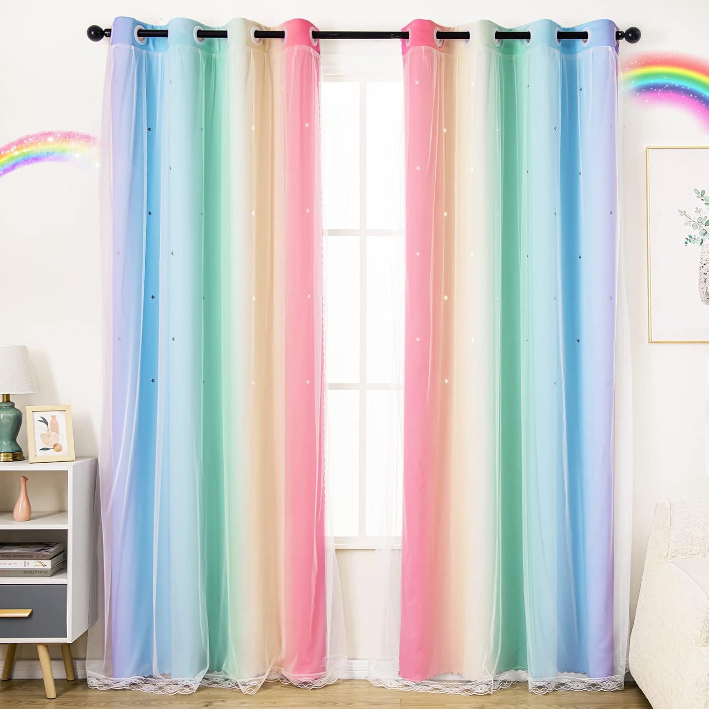 UNISTAR 2 Panels Stars Blackout Curtains for Bedroom Girls Kids Baby Window Decoration Double Layer Star Cut Out Aesthetic Living Room Decor Wall Home Curtain,W52 x L63 Inches,Pink