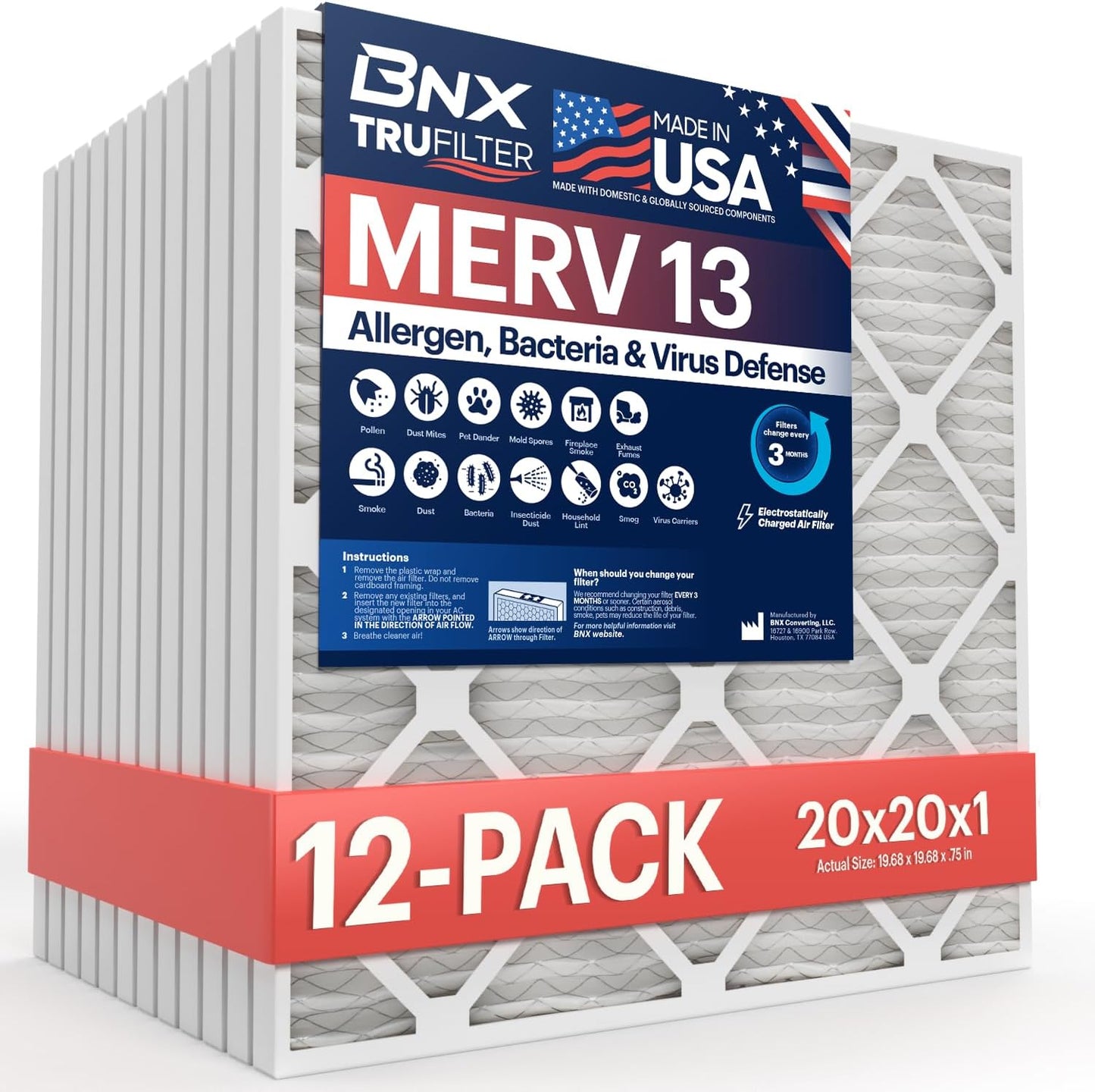 BNX TruFilter 20x20x1 MERV 13 (4-Pack) AC Furnace Air Filter - MADE IN USA - Electrostatic Pleated Air Conditioner HVAC AC Furnace Filters - Removes Pollen, Mold, Bacteria, Smoke