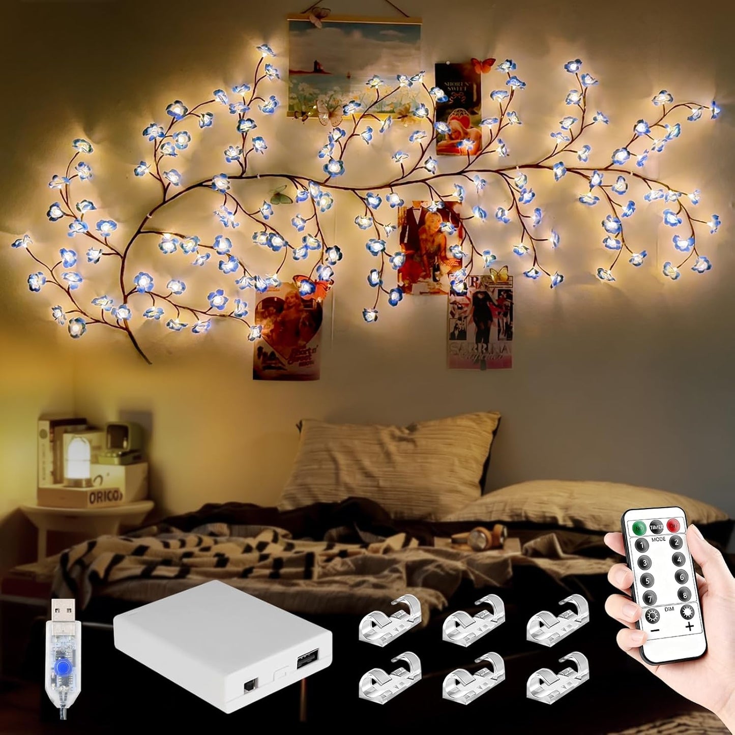 Cherry Enchanted Willow Vine Lights, 4FT 48LED Pink Cherry Blossom Tree Branch Lights for Wall, Remote Timer,8 Light Model,Bedroom Wall Doors Wedding, Christmas, USB Battery Box