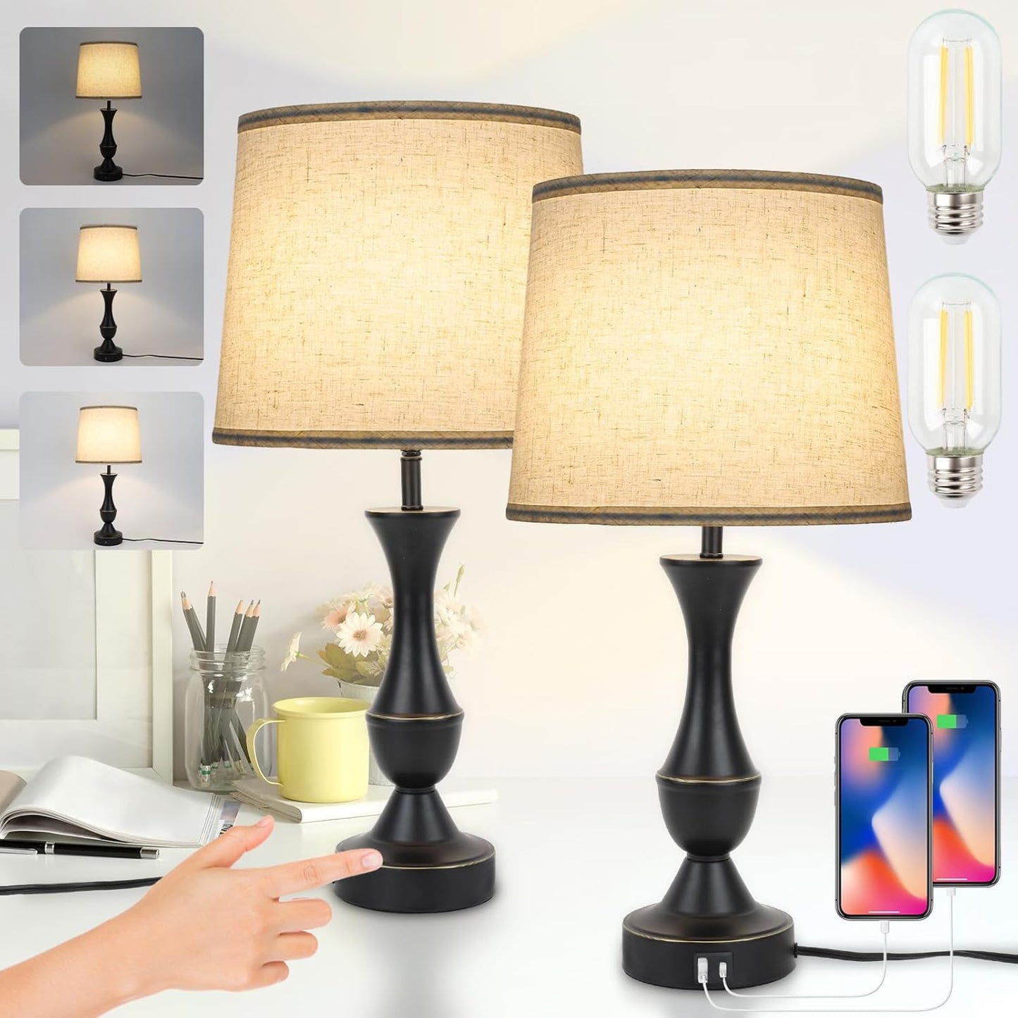 Farmhouse Table Lamp Touch Control 3-Way Dimmable Table Lamp, Modern Nightstand Lamp with 2 USB Port Bedside Desk Lamp with Fabric Shade for Living Room Bedroom Hotel (Pack 1-Beige Shade)