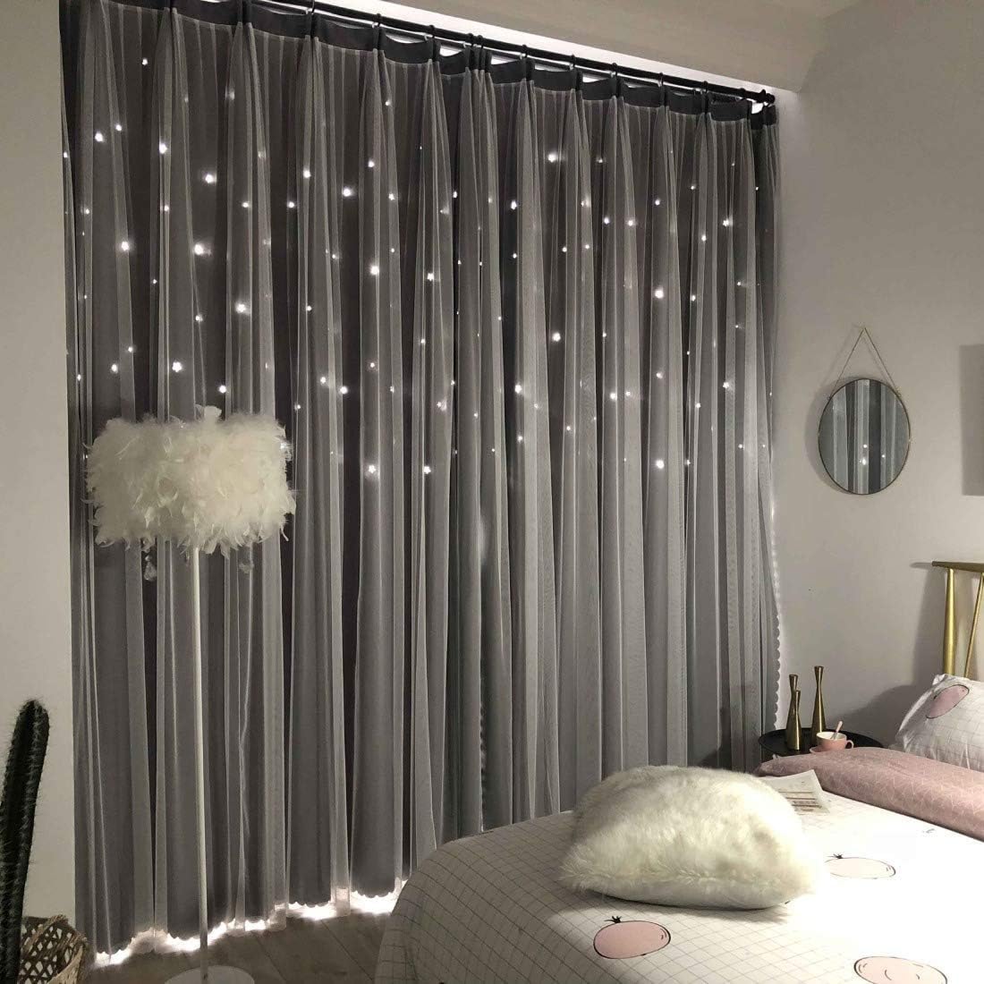UNISTAR 2 Panels Stars Blackout Curtains for Bedroom Girls Kids Baby Window Decoration Double Layer Star Cut Out Aesthetic Living Room Decor Wall Home Curtain,W52 x L63 Inches,Pink