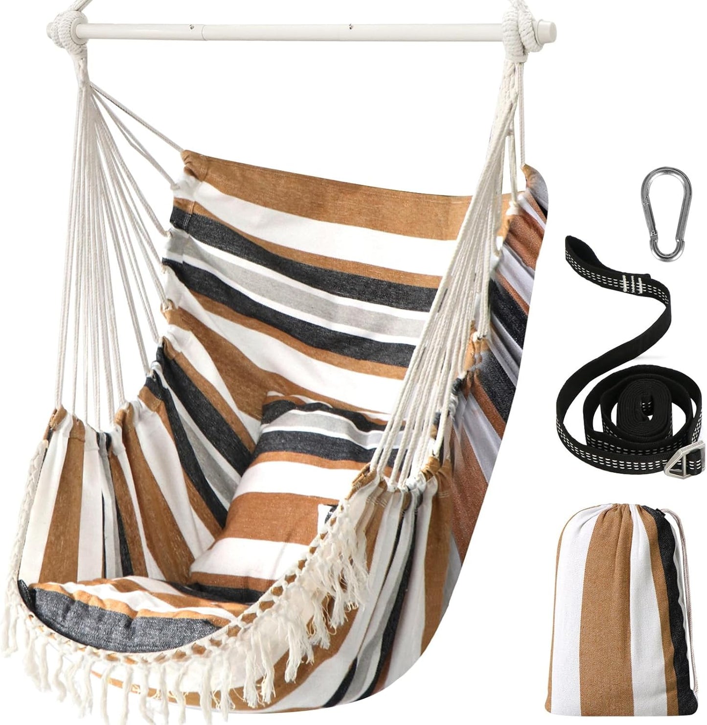 Chihee Hammock Chair Hanging Swing Max 500 Lbs 2 Cushions Included Steel Spreader Bar with Anti-Slip Grooves Portable Hanging Chair Side Pocket Large Macrame Bohemian Chair Indoor Outdoor