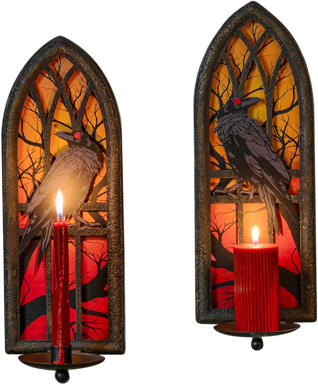 Gothic Wall Candle Sconces Set of 2, Wrought Iron Crow Wall Mounted Candelabra Holder with Removable Trays for Taper & Pillar Candles, Medieval Cathedral Window Design, Dark Academia Decor