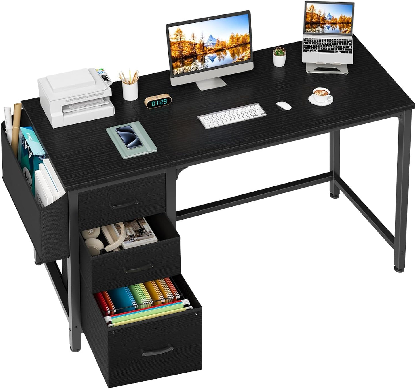 Lufeiya White Desk with File Drawers Cabinet, 47 Inch Reversible Computer Desk with Fabric Filing Cabinet for Bedroom Small Space Home Office, Modern Writing Table PC Desks, White