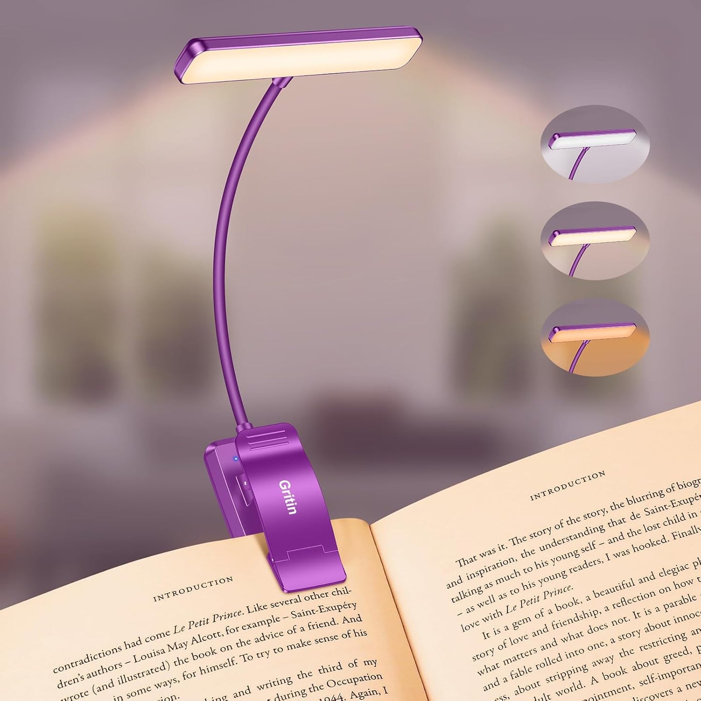 Gritin 19 LED Rechargeable Book Light for Reading in Bed with Memory Function- Eye Caring 3 Color Temperatures,Stepless Dimming Brightness,90 Hrs Runtime Lightweight Clip on Light for Book Lovers