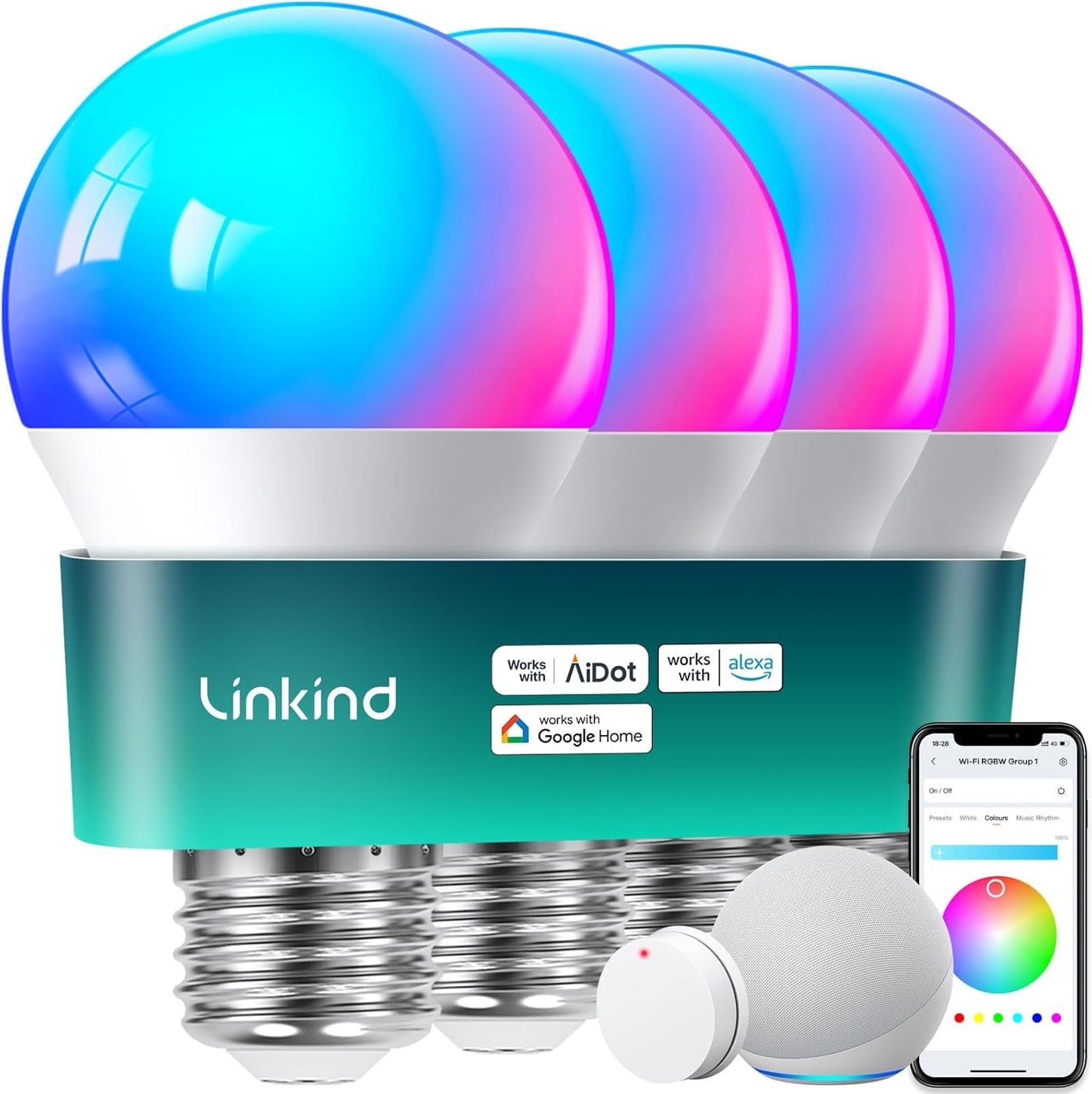 Linkind Smart Light Bulbs, Smart Bulb That Work with Alexa & Google Home, LED Light Bulbs Color Changing, 104 Preset Scene, Music Sync, A19 E26 2.4GHz RGBTW WiFi Bluetooth Light Bulb 60W, 800LM, 4Pack