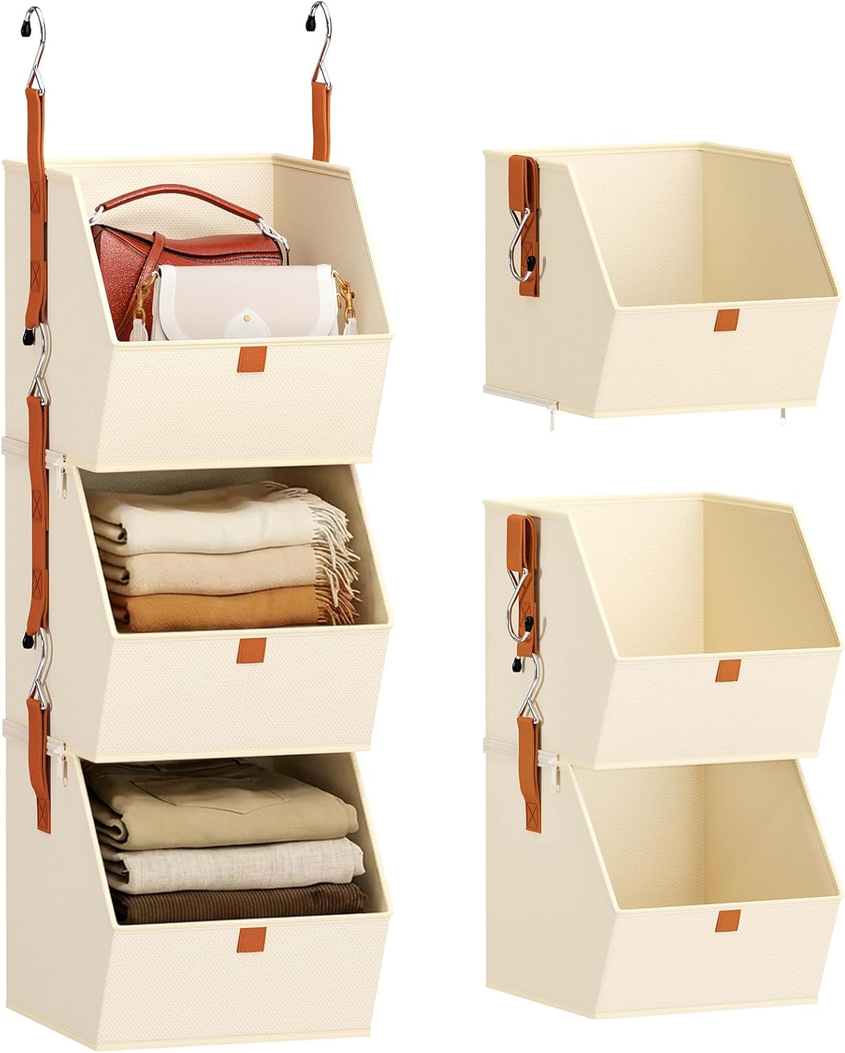 Hanging Closet Organizer 4 Tier - Clothes Hanging Shelves, Space-Saving Closet System, Fabric Storage Bins Bedroom Organization, Collapsible Baskets for Home, Dorm, Rv, Beige
