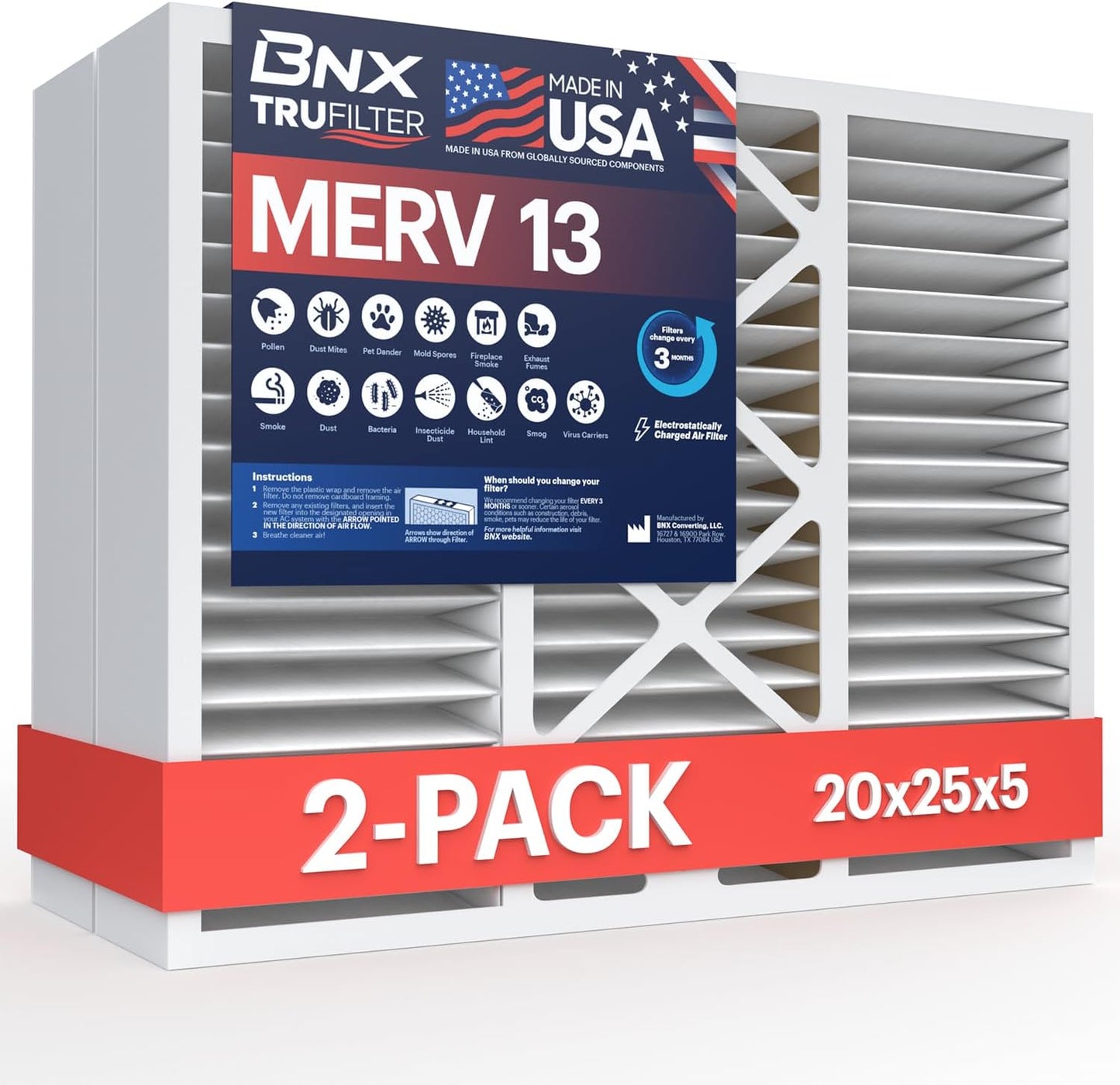 BNX TruFilter 20x20x1 MERV 13 (4-Pack) AC Furnace Air Filter - MADE IN USA - Electrostatic Pleated Air Conditioner HVAC AC Furnace Filters - Removes Pollen, Mold, Bacteria, Smoke