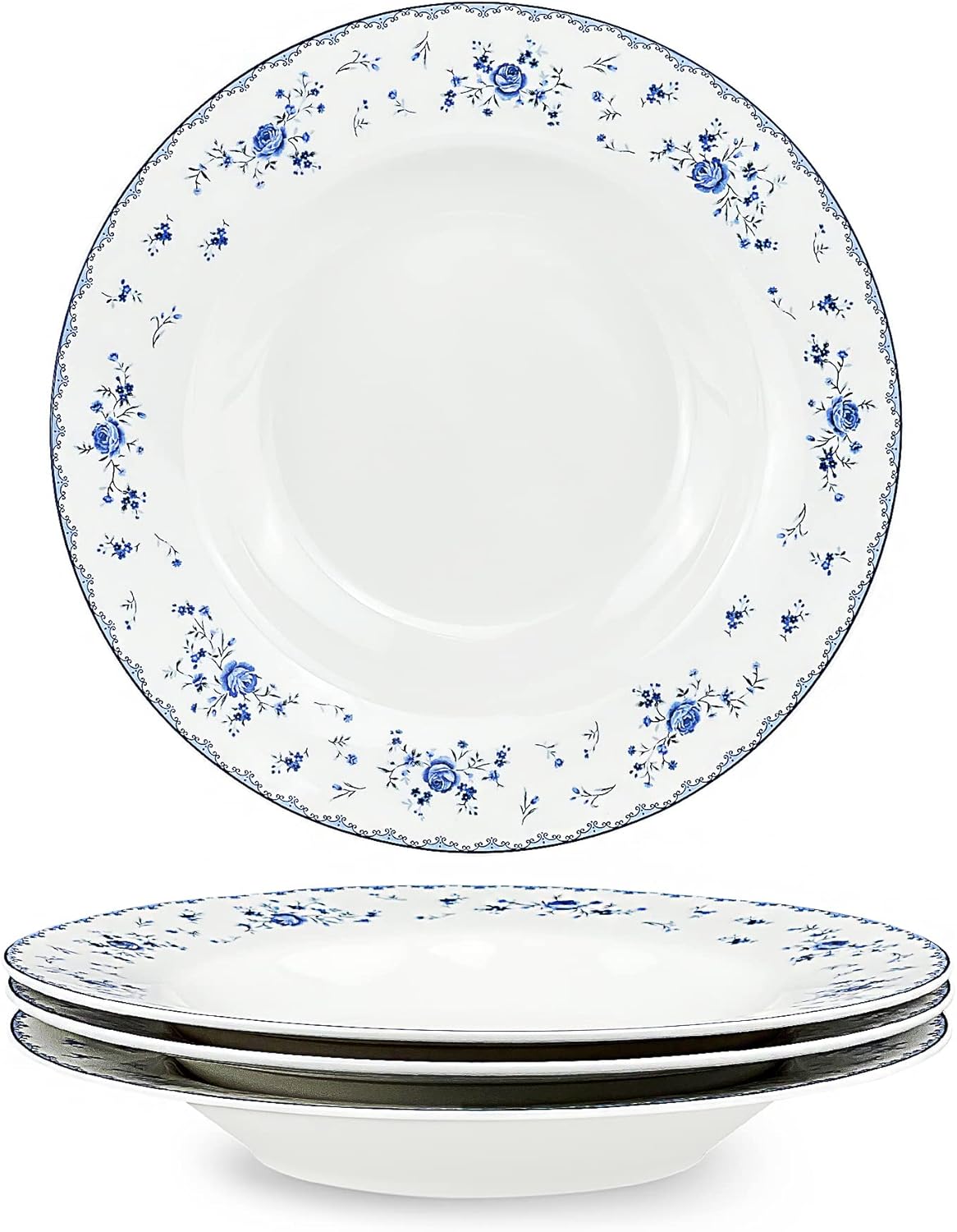 fanquare 8 Inch Porcelain Dessert Plates Set of 4, Lace Serving Bowls Set for Salad, Soup, Pasta, Snack, Blue Roses