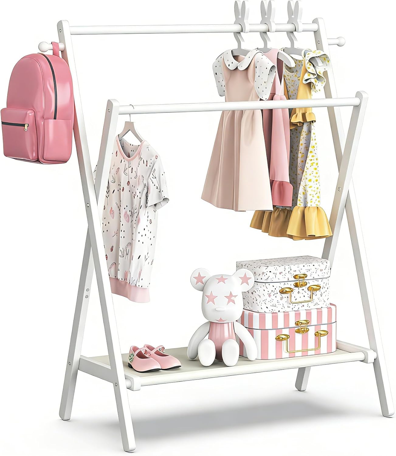 Kids Clothing Rack, Small Clothes Rack for Toddler Pets, Kids Dress Up Rack with Storage Shelf & Double Rods, Foldable Kids Clothes Rack for Nursery Child's Room (Regular Size)