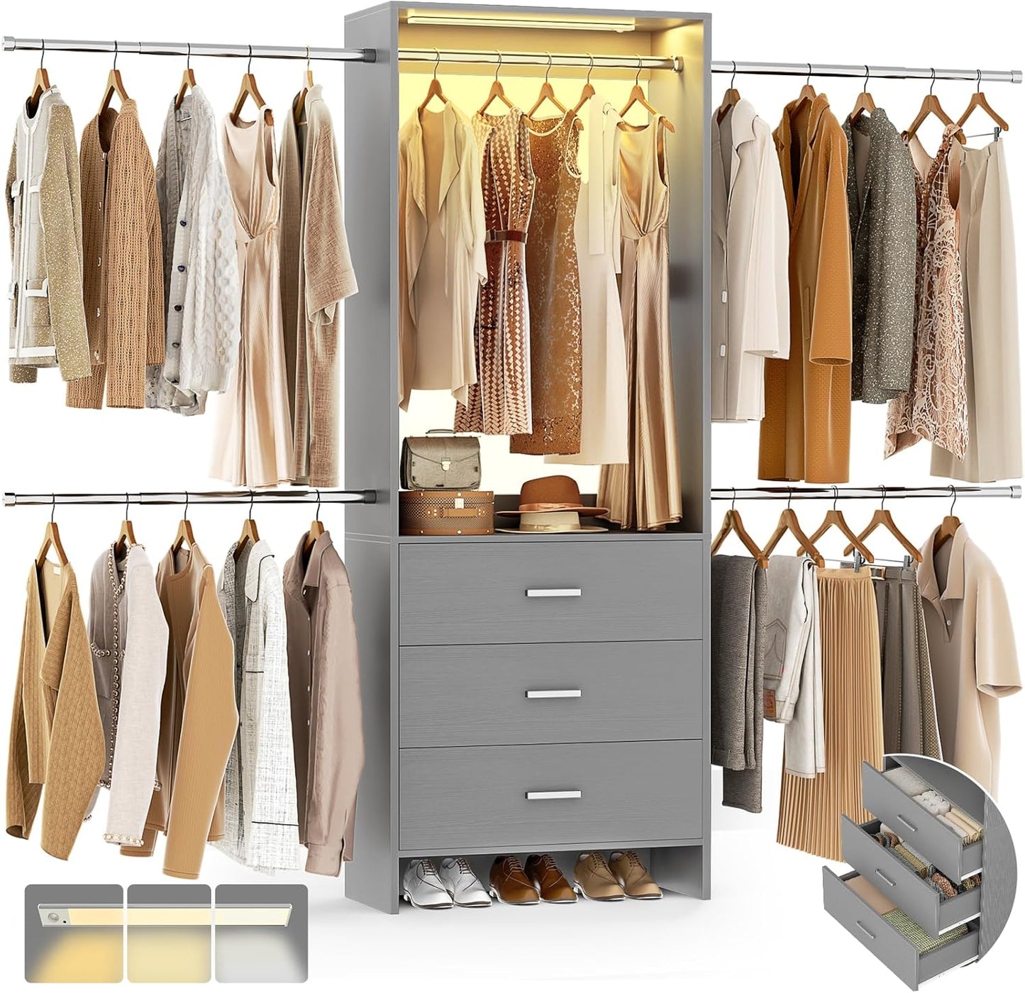 Aheaplus Closet System, Closet Organizer with 3 Wooden Drawers, Closet Organizer System, Walk-in Closet Wardrobe Clothes Rack with 4 Hanging Rods, Garment Rack, -4R, White