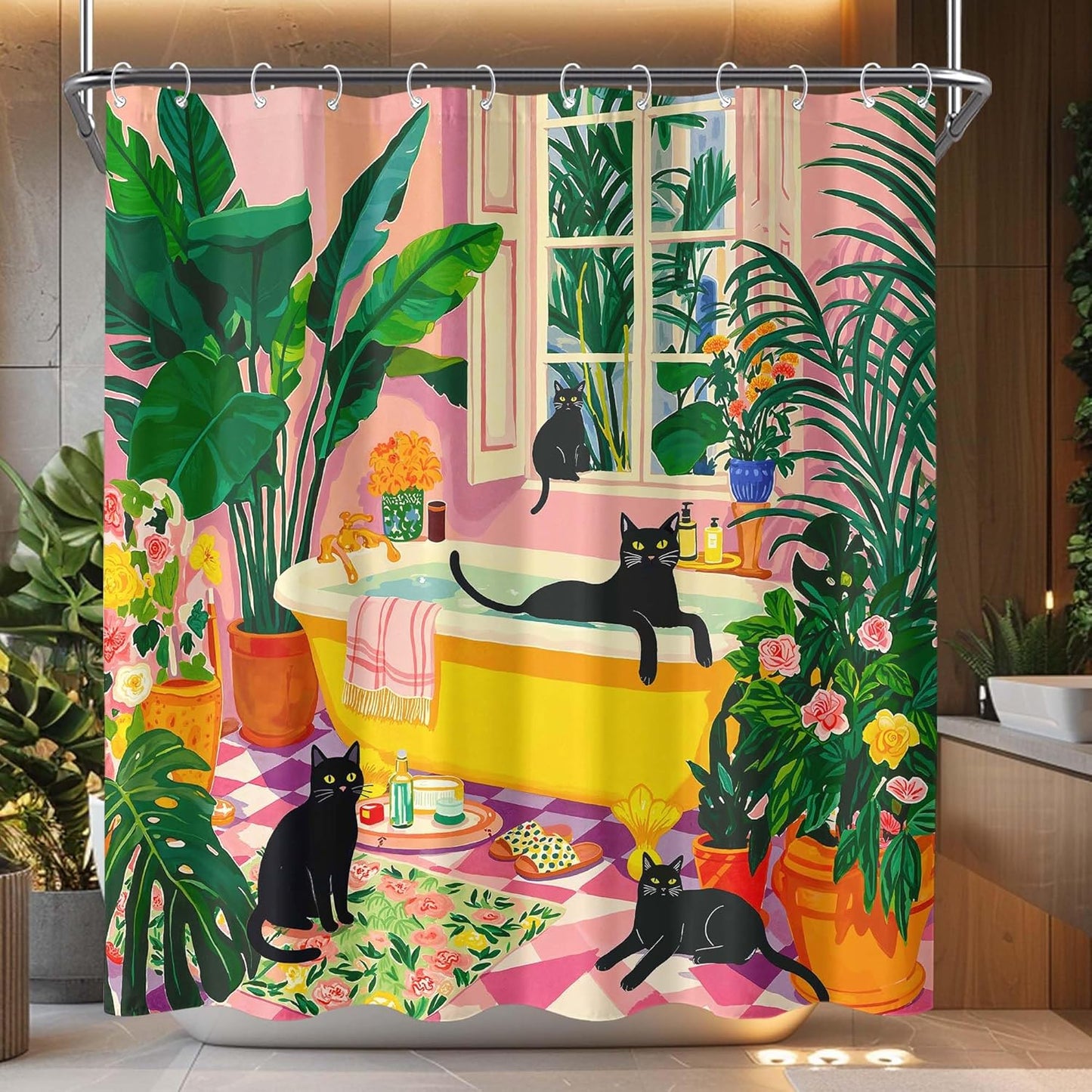 Accnicc Cute Cat Shower Curtain Funny Fun Cool Cats Monet Shower Curtains for Bathroom Water Lilies Waterproof Fabric Bath Curtain Decor 72 X 72 Inch