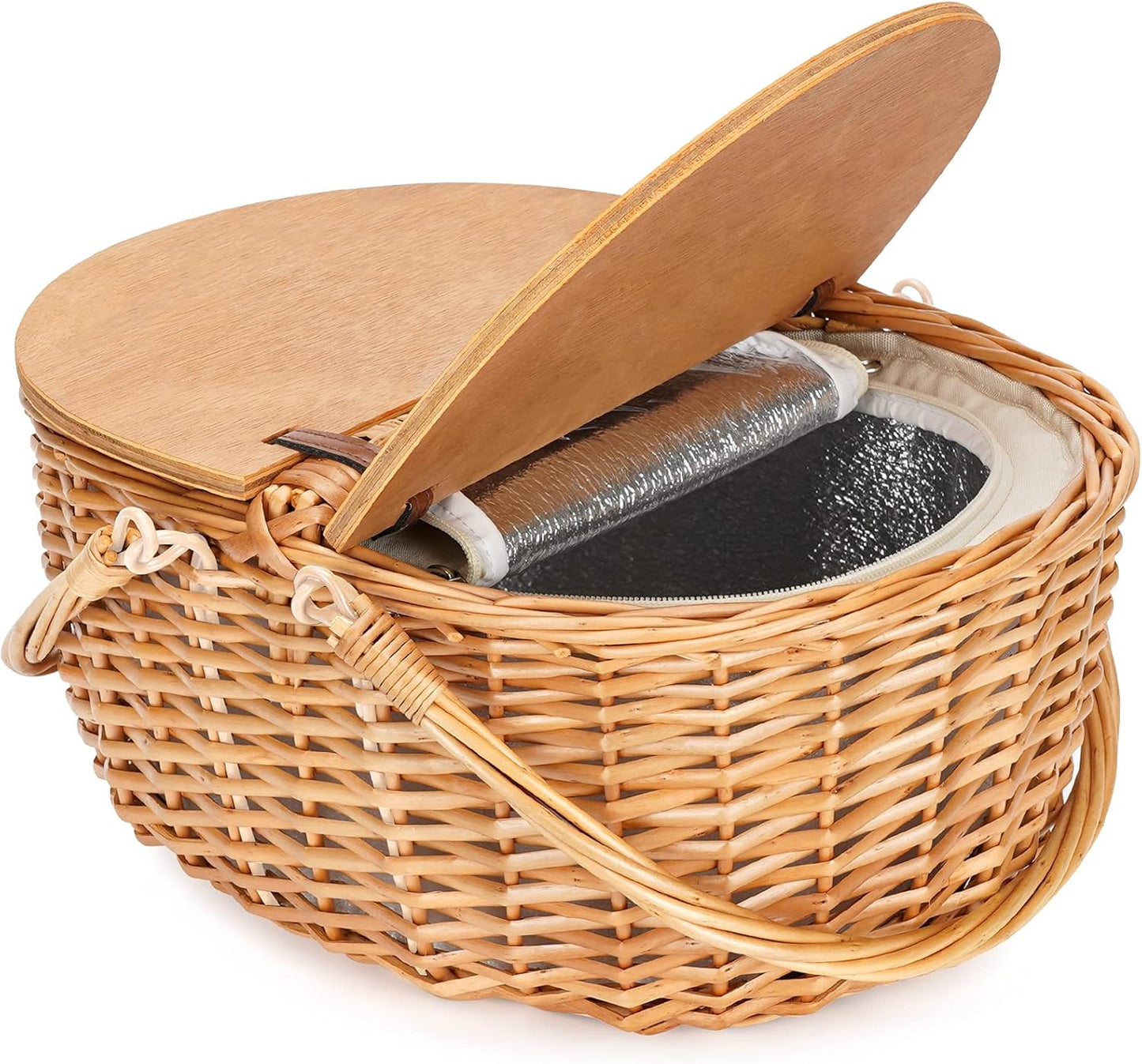 Wicker Picnic Basket with Removable Liner, Empty Picnic Baskets with Lid, Vintage-Style Picnic Hamper with Folding Woven Handle for Picnic, Camping, Outdoor, Halloween, Thanks Giving, Birthday (Cream)