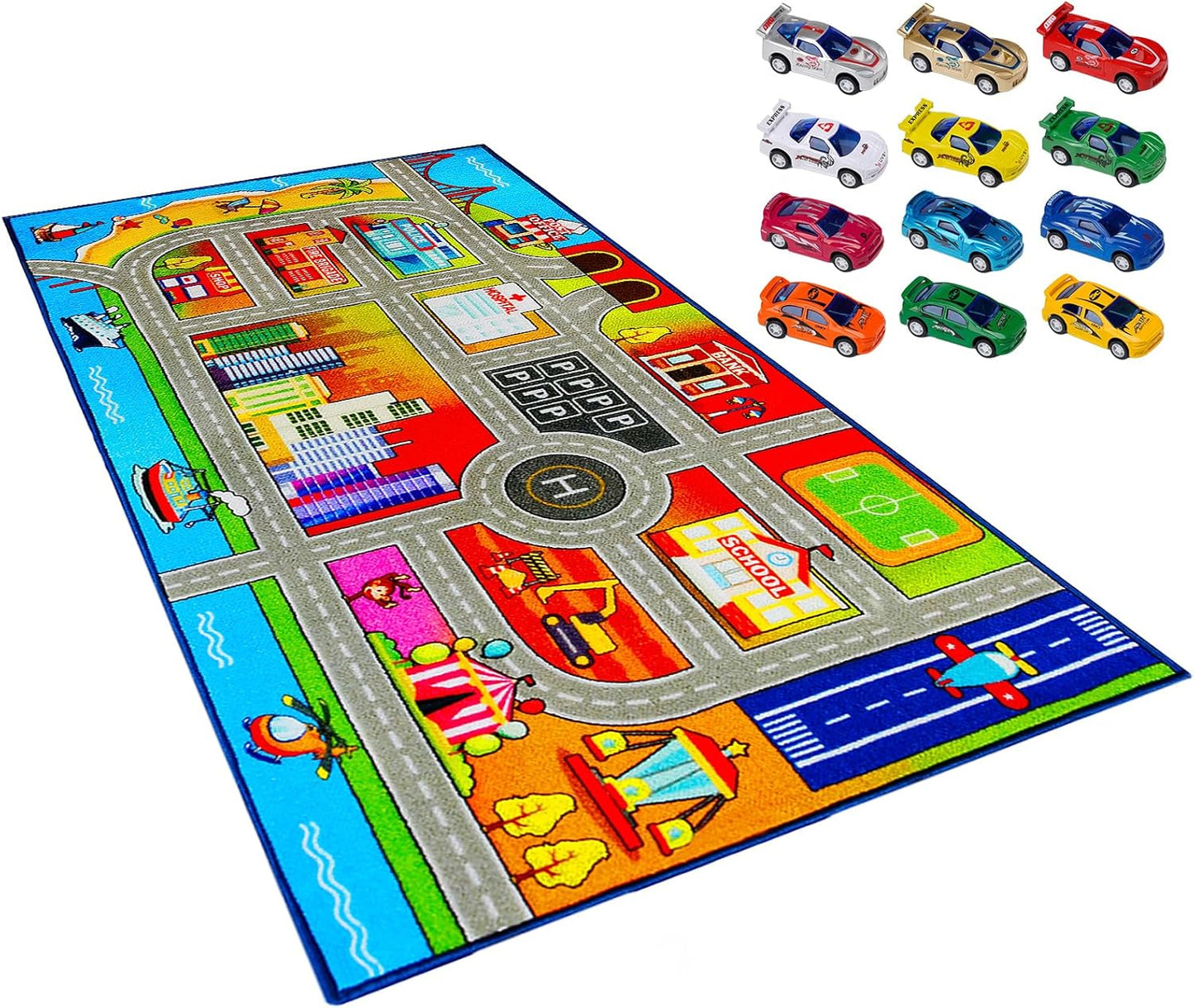 Booooom Jackson Car Rug with Exquisite Box,Washable Rug Kids Area Rug Play Mat 60"x32",Train Track Car Mat,Children Non Slip City Road Floor Carpet for Playroom Bedroom Kids Room