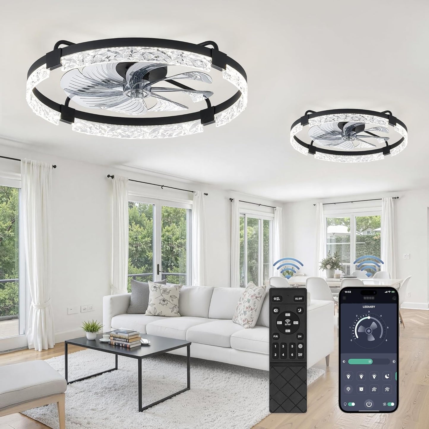 LEDIARY 20 Inch Low Profile Ceiling Fans with Lights and Remote, Fandelier Ceiling Fan Flush Mount, 3000K-6000K Dimmable LED Fan Light, White Modern Ceiling Fans with Lights for Bedroom