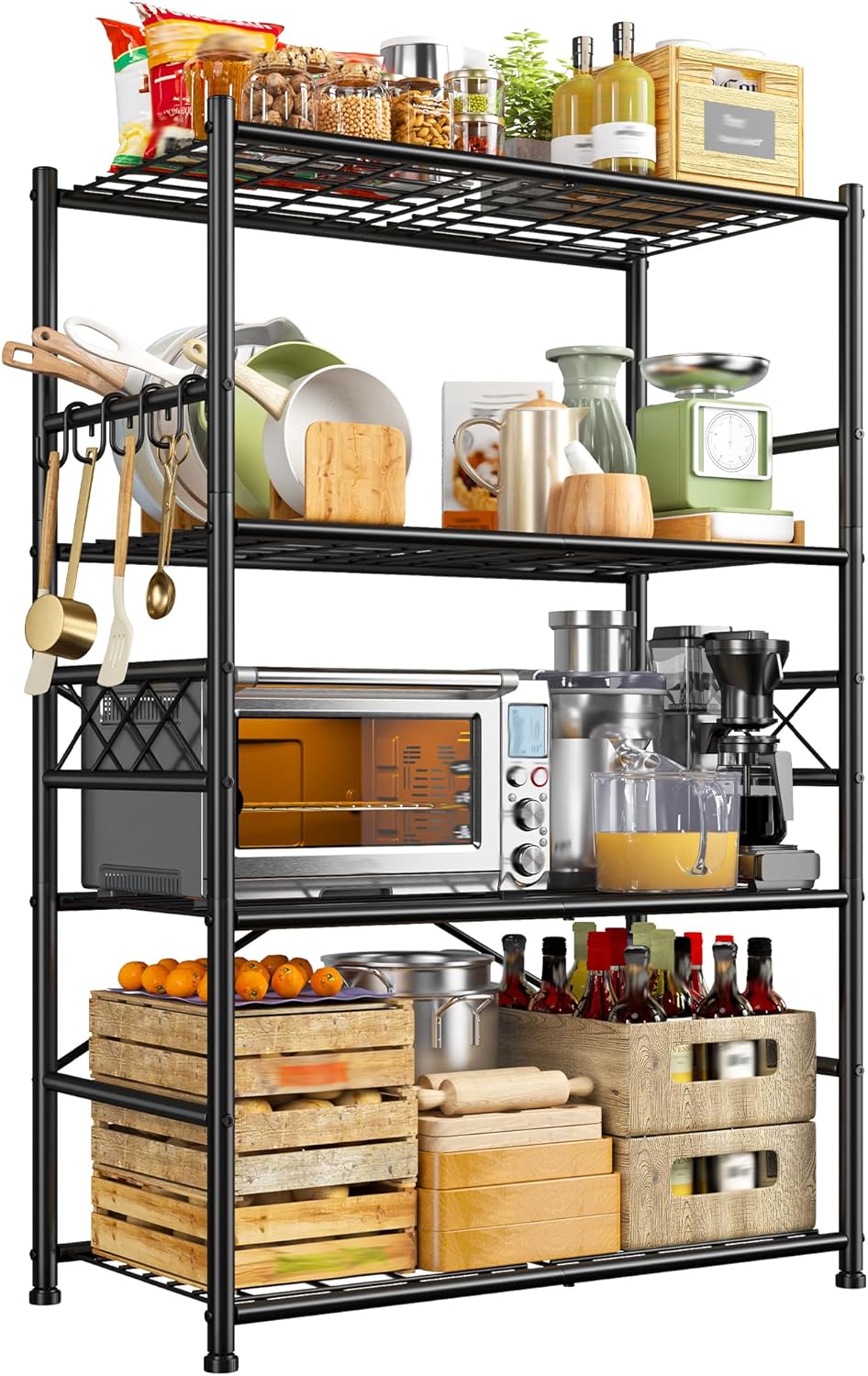 Storage Shelves 5-Tier Large Capacity Wire Shelving with Hooks, Heavy Duty Garage Shelving Unit with Leveling Feet, Stable Metal Shelf for Pantry, Kitchen and Closet, 72" H x 36" W x 12" D, Black