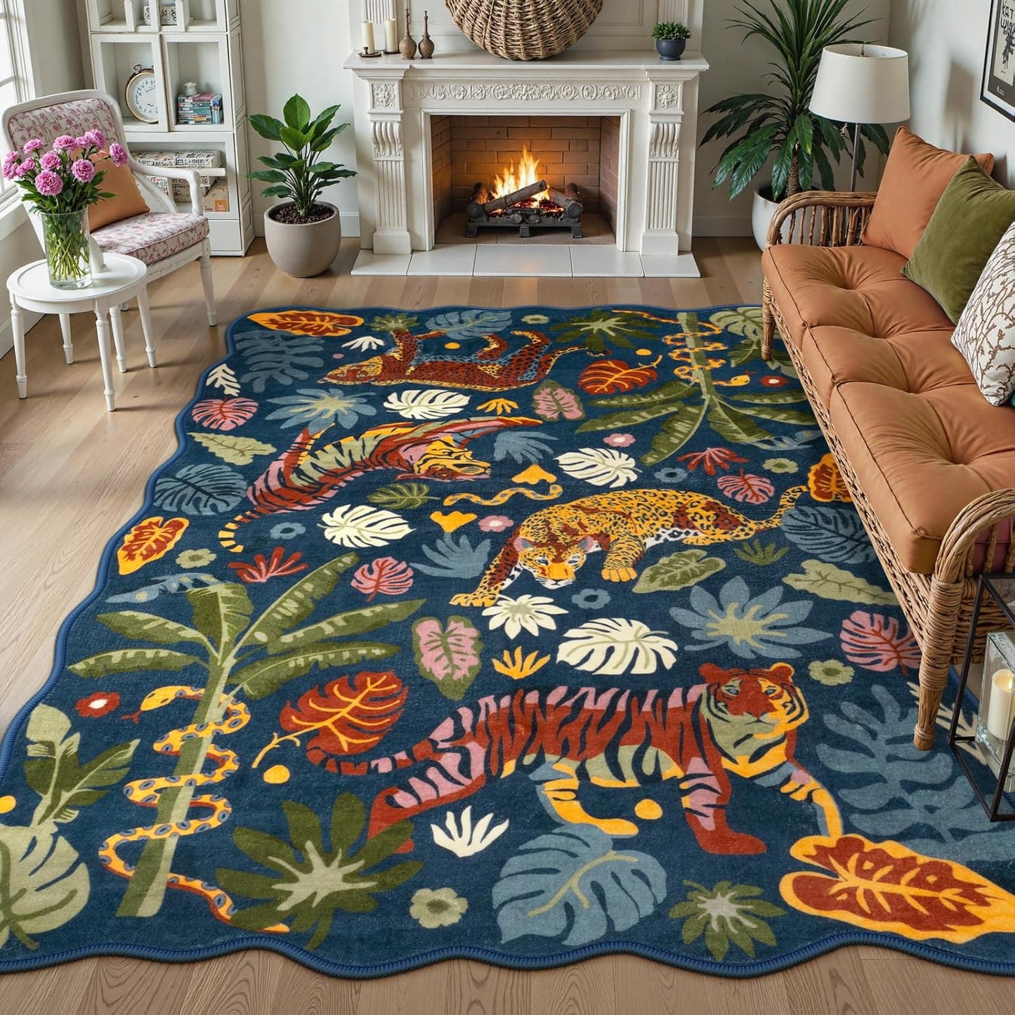 LEEVAN Jungle Animal Nursery Rugs 5x7, Washable Green Tiger Living Room Rugs Non Slip Scalloped Tiger Bedroom Rug, Low Pile Leopard Floor Carpet Leaf Print Kids Rug