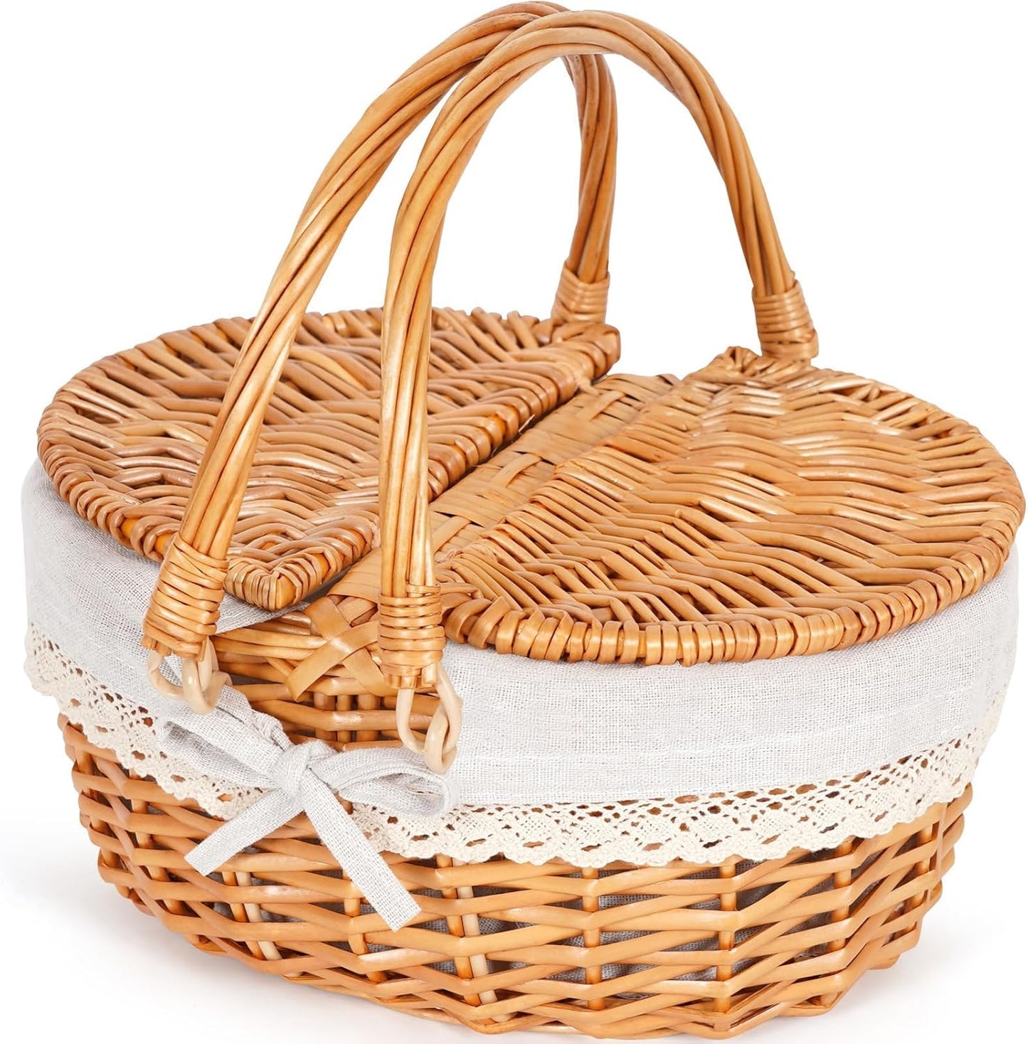Happypicnic Wicker Picnic Basket with Handle, 15" Large Empty Picnic Basket with Lid & Removable Liner, Vintage Hand Woven Basket for Picnics, Camping, Veg Picking, Mother's Day, Thanksgiving (Solid)