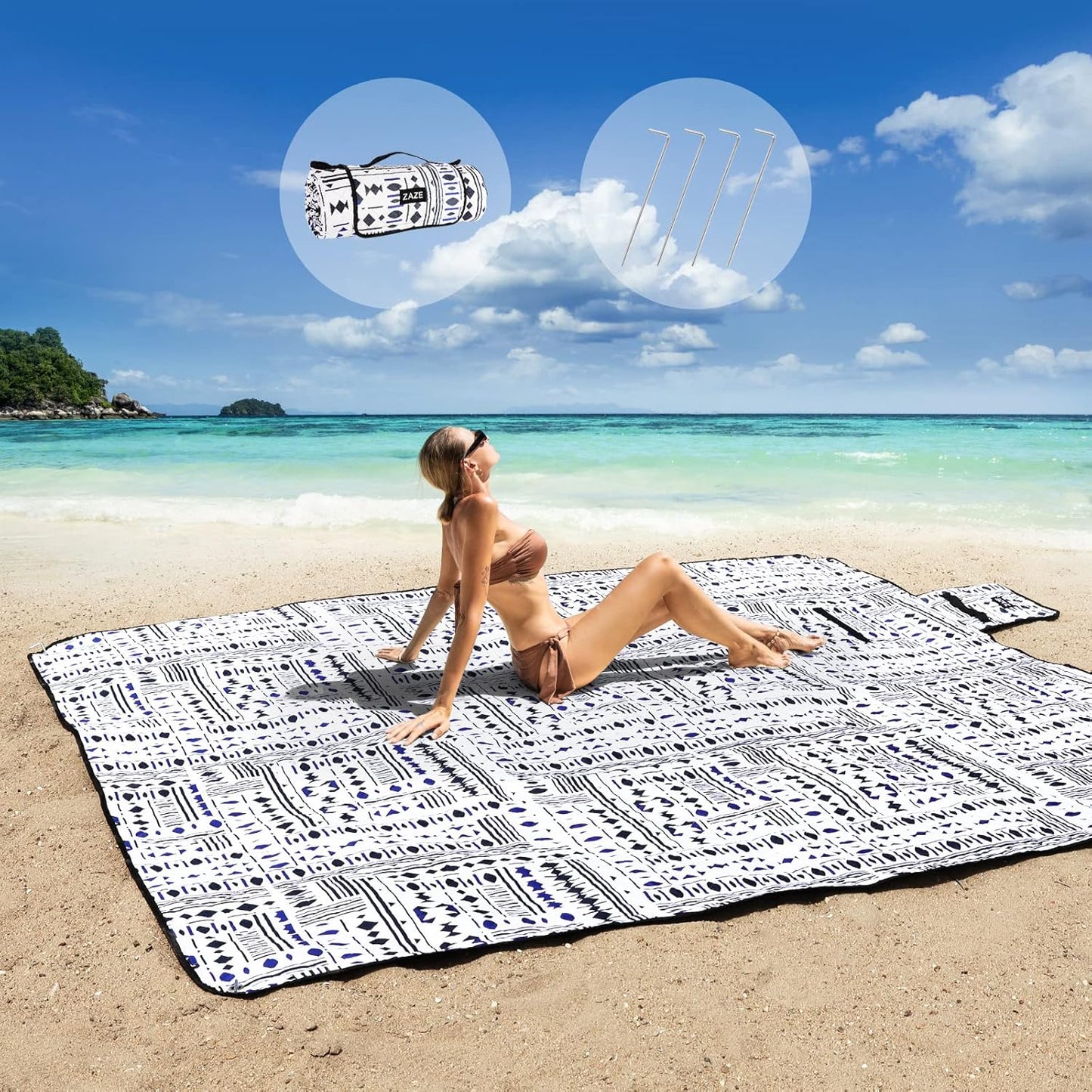 ZAZE Picnic Blankets Beach Blanket, 80''x80'' Extra Large Thick 3-Layers, Sandproof Machine Washable Waterproof Foldable Oversized XL Outdoor Mat, for Camping, Park, Travel, Grass(Blue White Stripe)