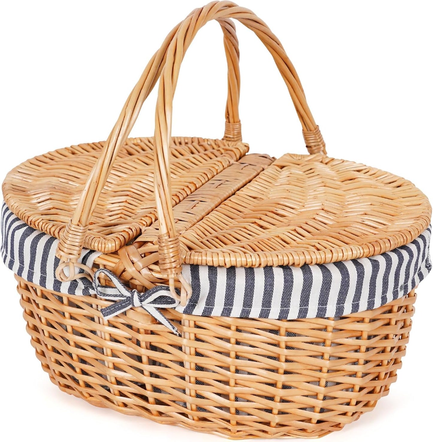 Happypicnic Wicker Picnic Basket with Handle, 15" Large Empty Picnic Basket with Lid & Removable Liner, Vintage Hand Woven Basket for Picnics, Camping, Veg Picking, Mother's Day, Thanksgiving (Solid)