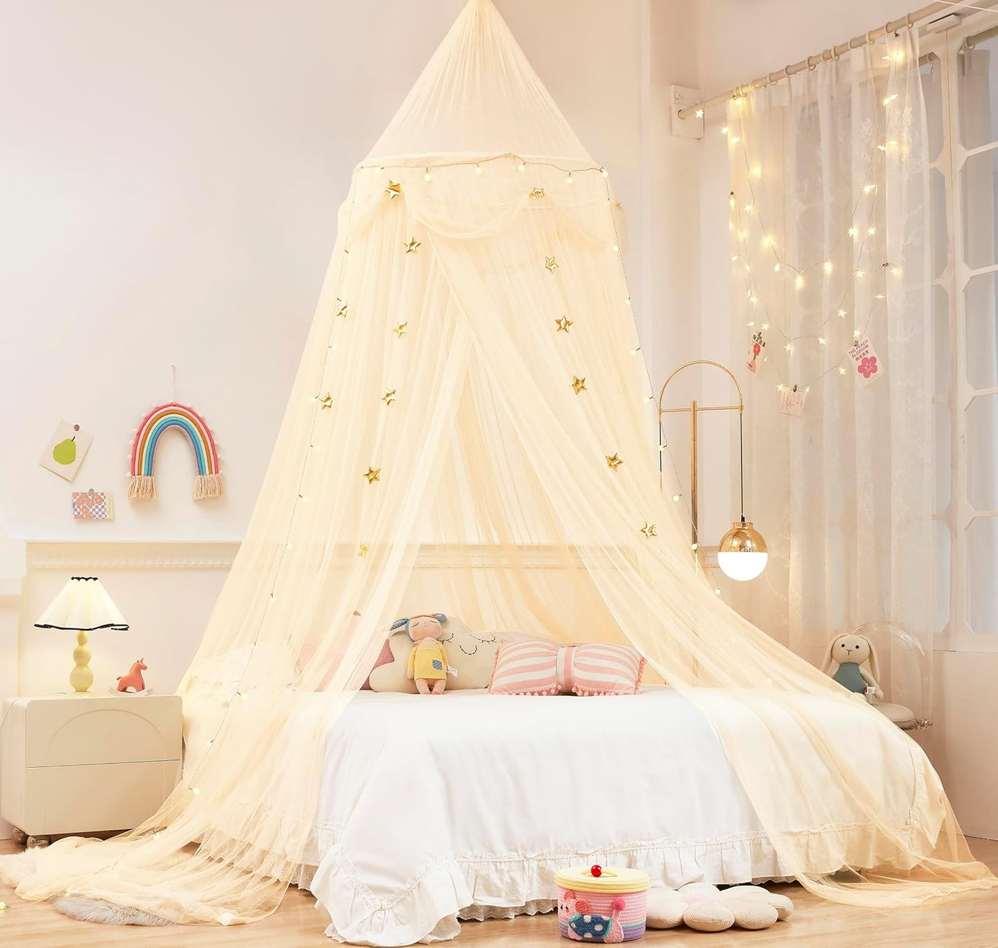Bed Canopy with Lights for Girls,Gold Star Princess Crib Canopy Curtains,Extra Large Dome Mosquito Net Reading Nook Canopy for Kids Boys Twin Full Queen Size Bed,Fire Retardant Fabric