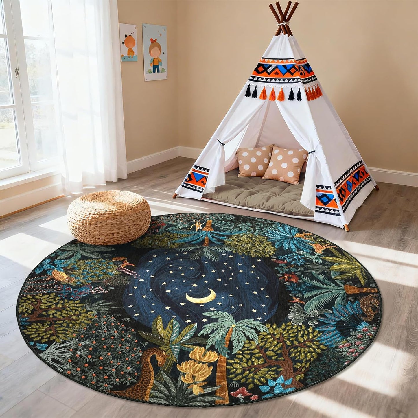 GarveeHome 4x6 Washable Area Rug for Kids Room, Jungle Animal Soft Bedroom Rug Non Slip Low Pile Small Carpet Stain Resistant Throw Rug for Bedside Playroom Classroom Office Dining Room