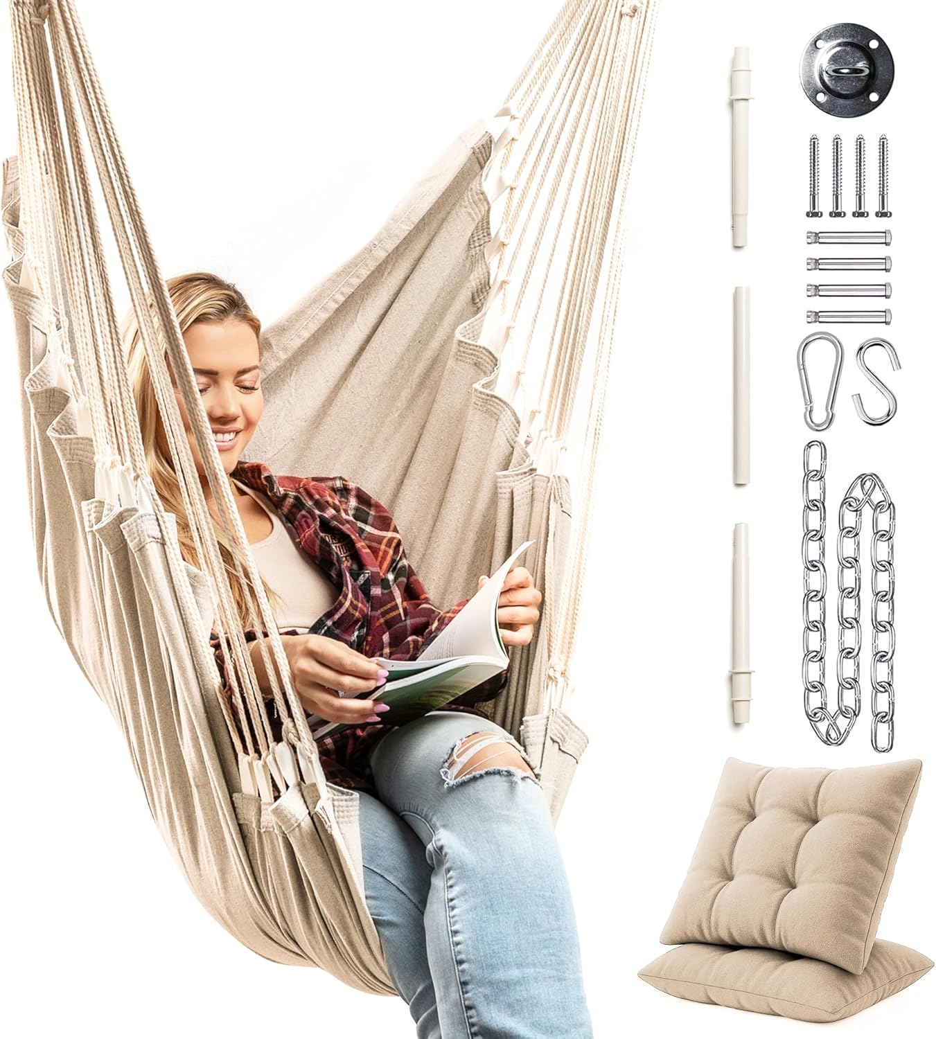Hanging Hammock Chair Swing – Hanging Chair Outdoor & Indoor - Hammock Swing Chair – Quick & Easy Setup with Hardware Kit – Durable & Spacious Full Body Support – Holds 440 Lbs
