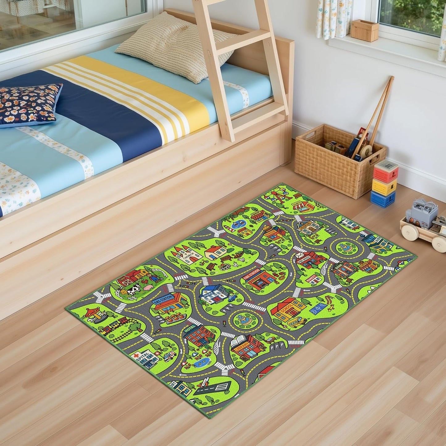 Upgrade Ultra Non Slip Kids Car Rug, Kids Road Playmat Rug for Toy Cars, Educational Town City Map Washable Carpet for Boy Playroom Bedroom, Safer Car Track Play Mat for Children Baby Toddler, 60"x36"
