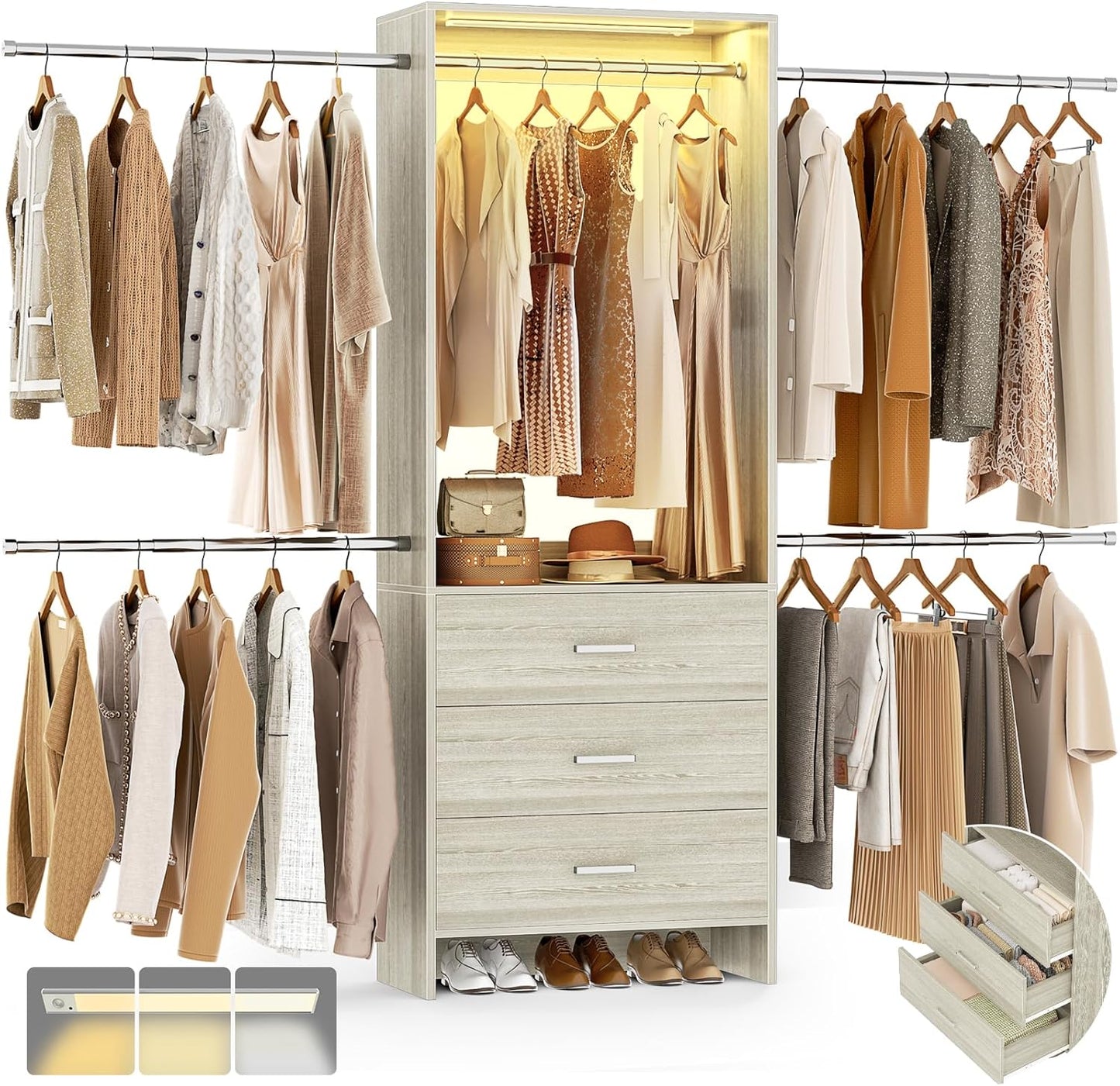 Aheaplus Closet System, Closet Organizer with 3 Wooden Drawers, Closet Organizer System, Walk-in Closet Wardrobe Clothes Rack with 4 Hanging Rods, Garment Rack, -4R, White