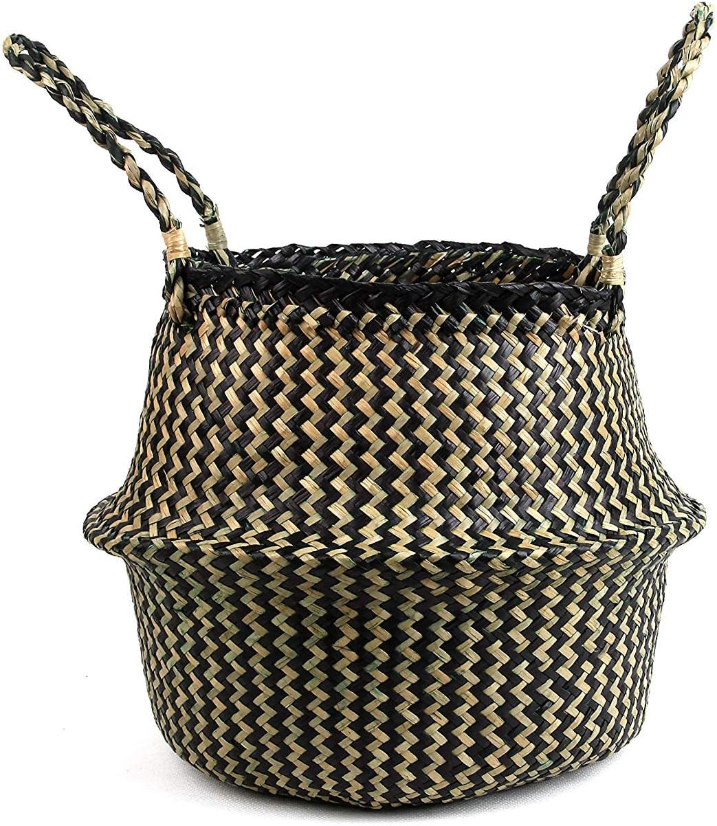 Woven Seagrass Belly Basket for Storage, Plant Pot, Laundry, Picnic and Grocery Basket with Handle (Large, Original)