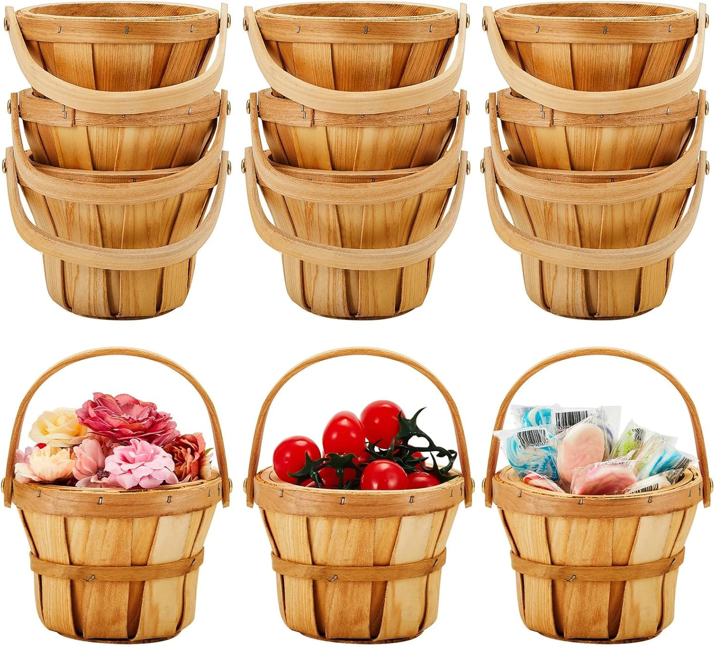 Marsui 10 Pcs Small Wooden Berry Baskets – 4 x 5.1 Inch Handcrafted Rustic Baskets with Reinforced Handles, for Fruit, Market, Crafts, Gifts, Garden Picking & Decor (Brown)