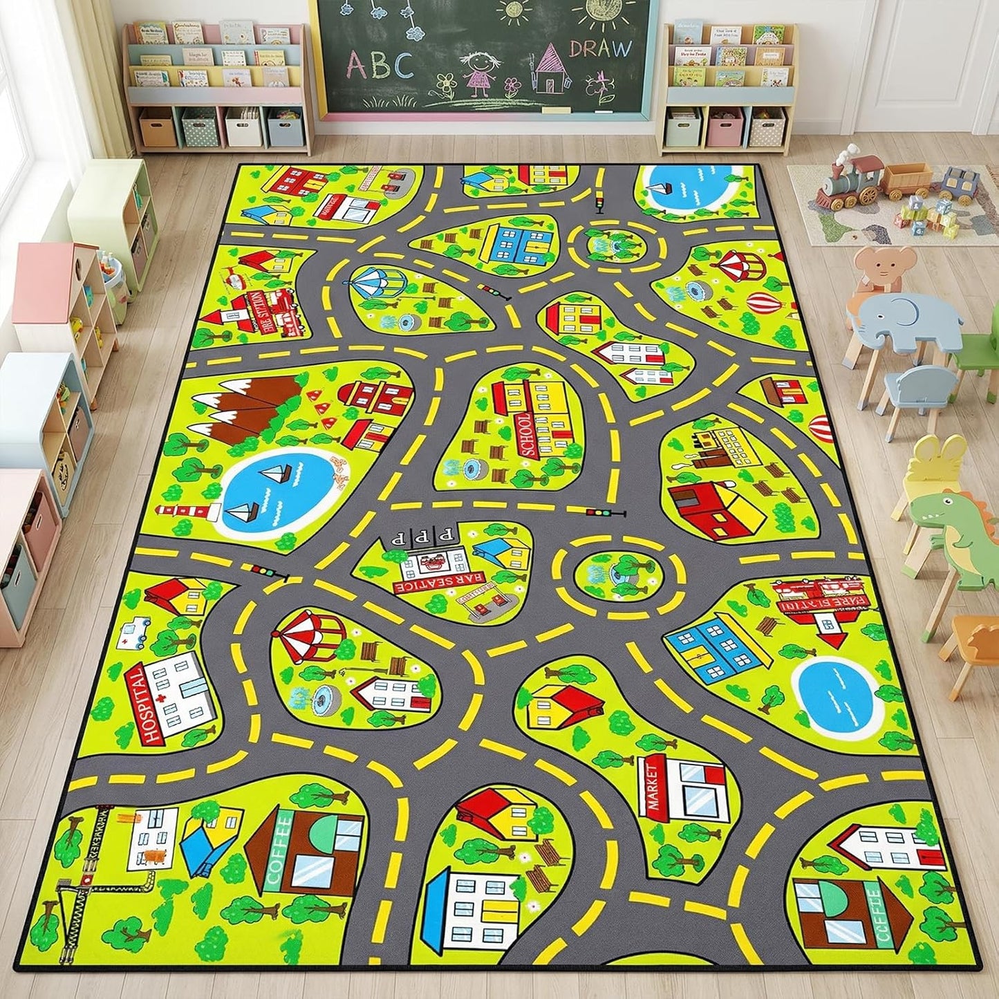 5x7 ft Kids Car Rug - Large Blue Traffic Road Play Mat for Cars, Educational City Play Carpet for Playroom, Nursery & Bedroom Decor