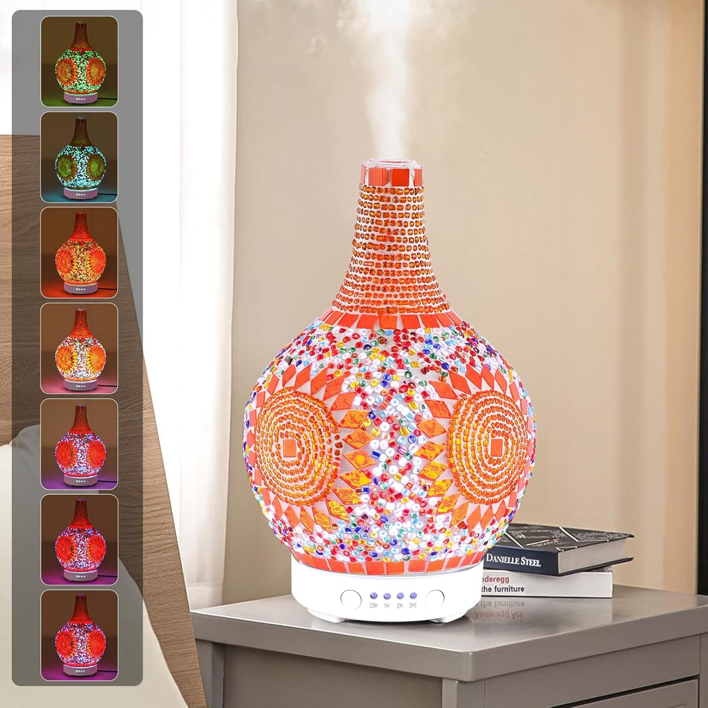 Mosaic Glass Essential Oil Diffuser,Tiffany Aromatherapy Diffuser Sunflower Pattern 100ml Turkish Moroccan Color Changing Aroma Ultrasonic Diffusers Cool Mist Air diffuser for Sleeping SPA Office Home