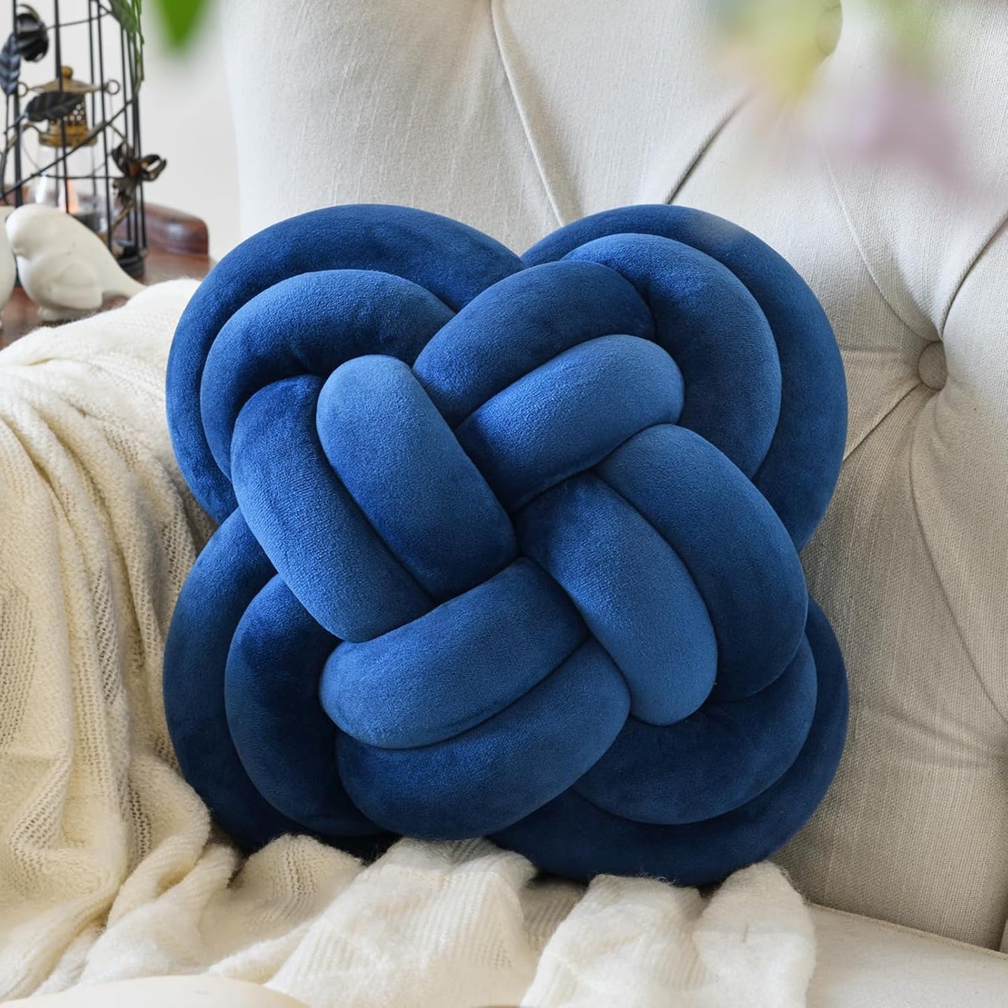 Xuyier Knot Pillow Ball, Decorative Throw Pillows with Velvet Fabric for Couch Bed, 12" Decor Knotted Square Floor Pillow Cushions for Living Room (12 Inches, Beige)