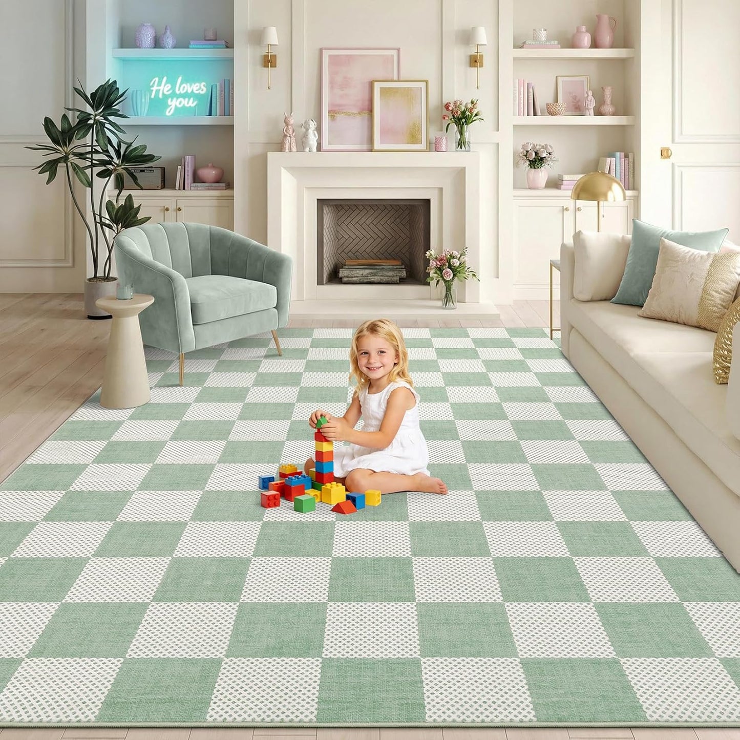 Checkered Sage Green 4x6 Washable Rug Geometric Diamond Dot Modern Soft Low-Pile Girls Small Rug for Bedroom Nursery Living Room Entryway Non-Slip TPE Backing