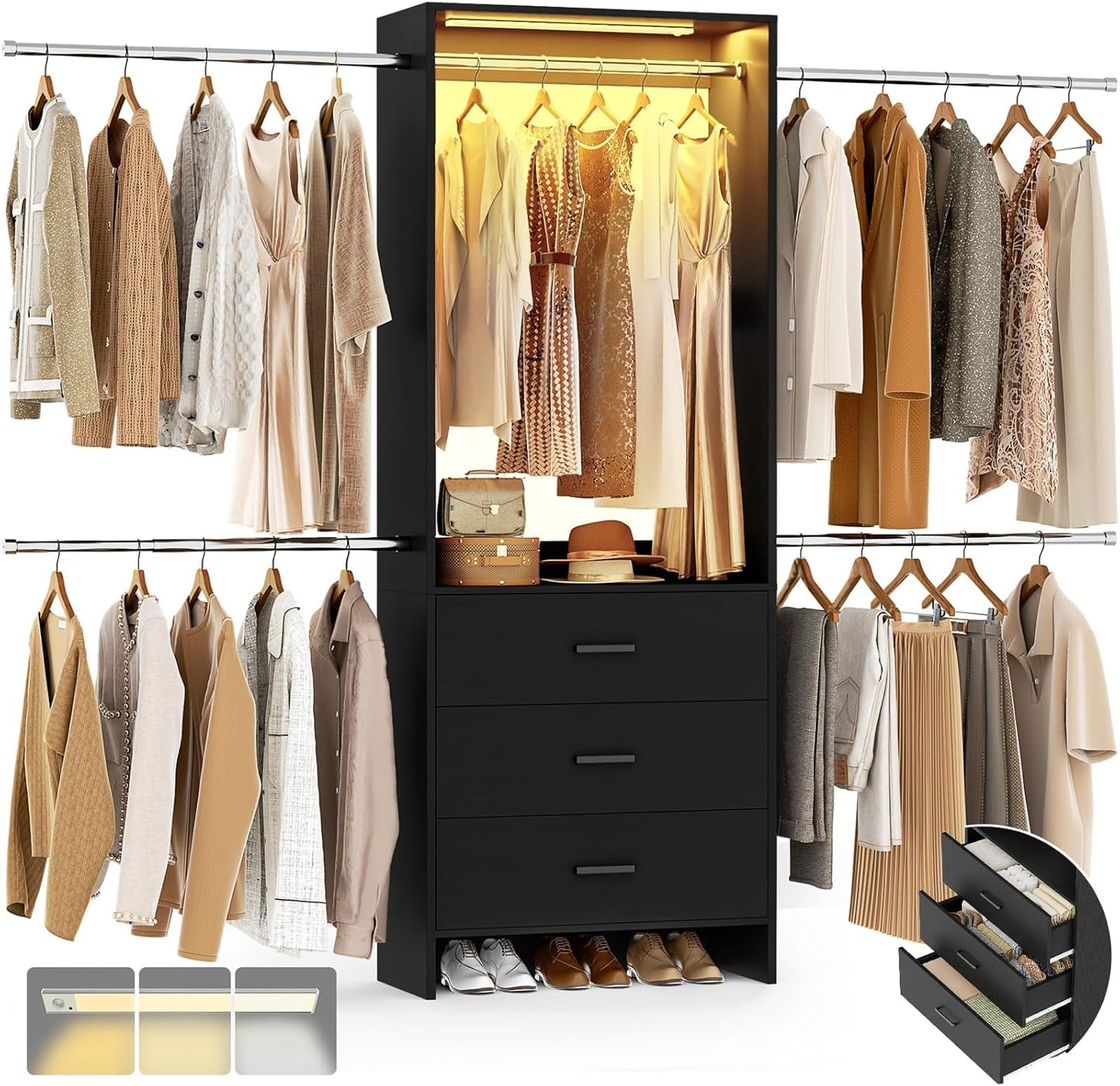 Aheaplus Closet System, Closet Organizer with 3 Wooden Drawers, Closet Organizer System, Walk-in Closet Wardrobe Clothes Rack with 4 Hanging Rods, Garment Rack, -4R, White