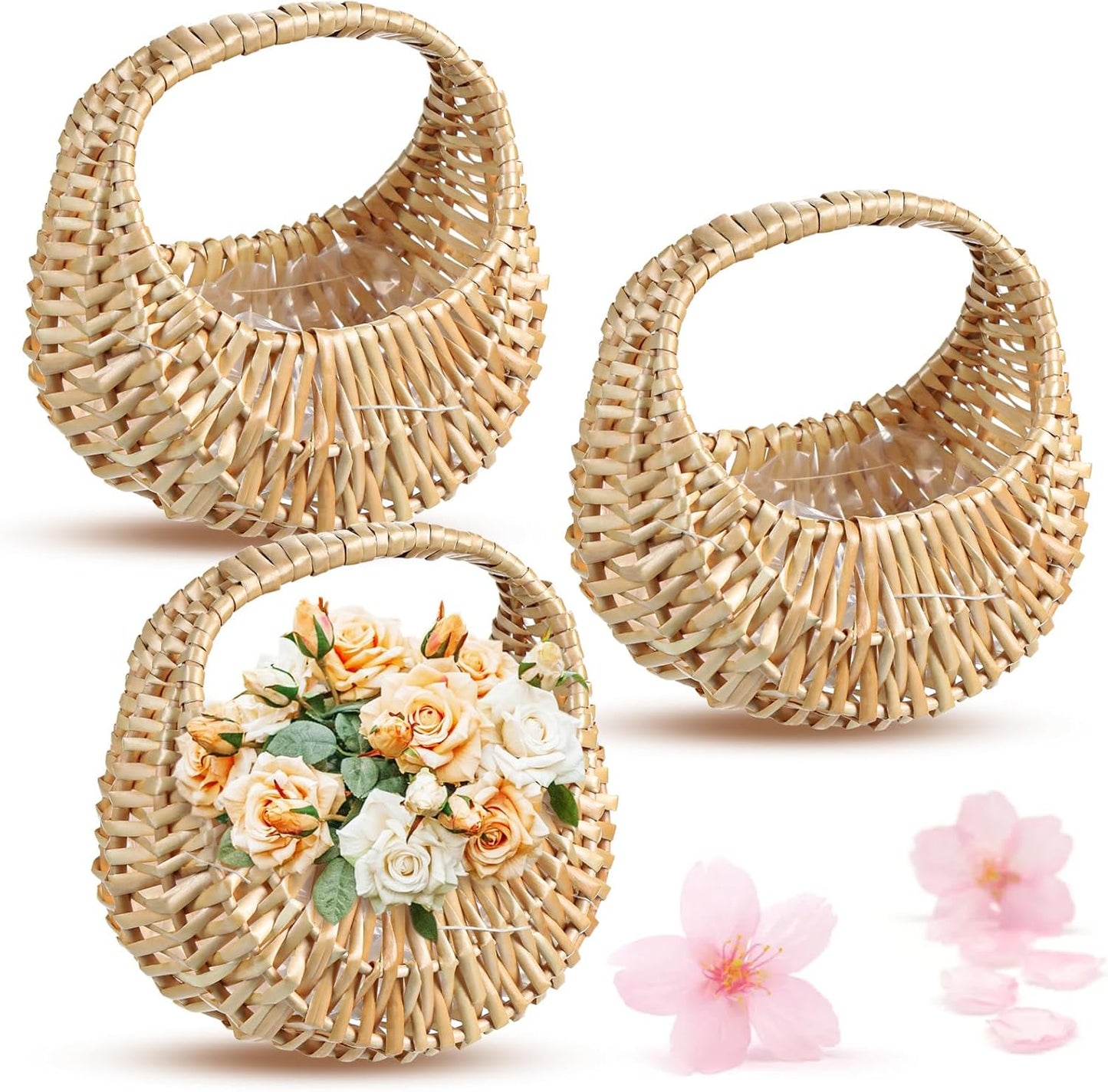 3 Pack Flower Girl Baskets Small Half Moon Wicker Basket with Handle Rattan Basket with Plastic Lining for Wedding, Picnic, Garden, Home Decor